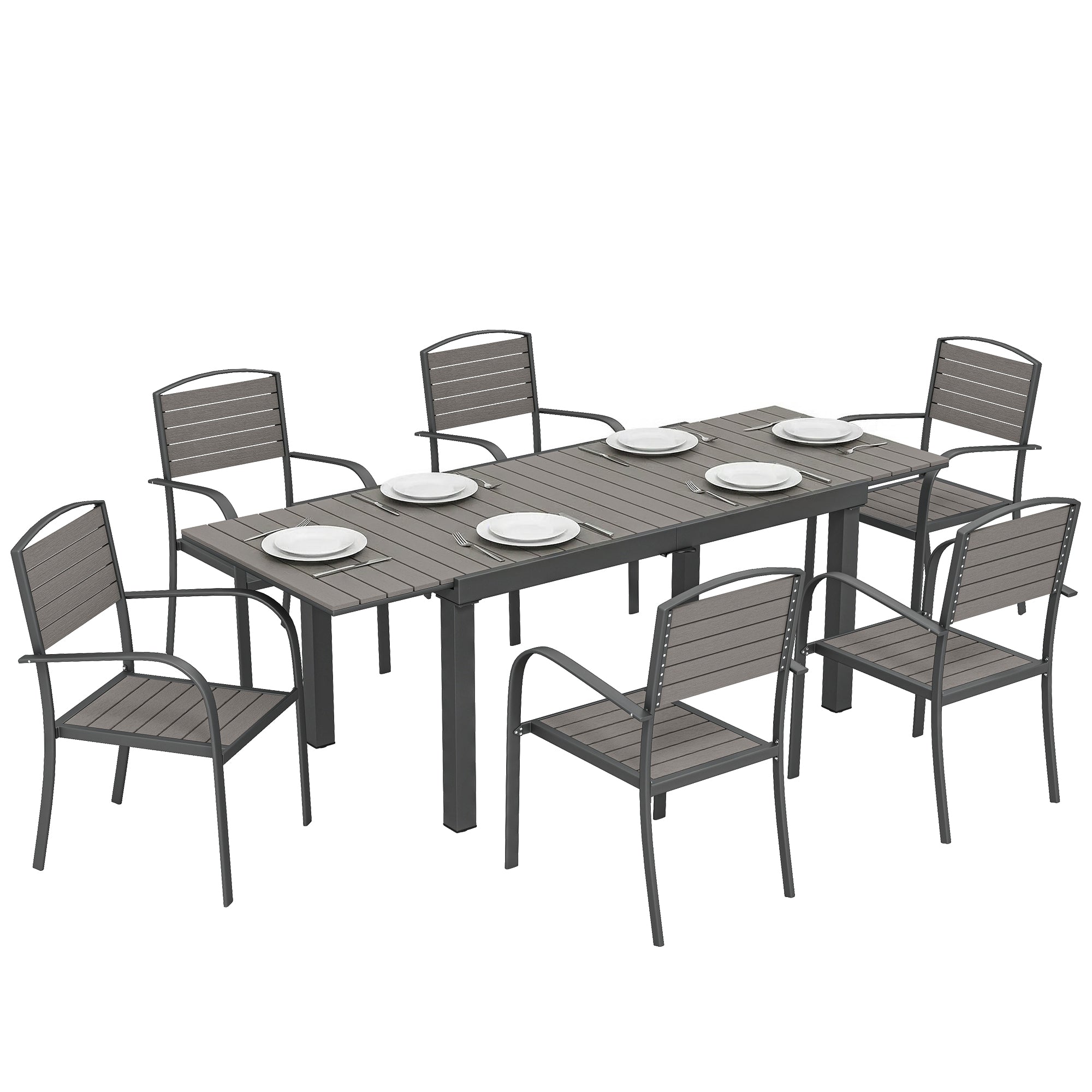 Ensemble repas d'extérieur extensible Outsunny 7 pièces avec 6 chaises, plateau à lattes effet bois, structure en aluminium, résistant aux intempéries, gris