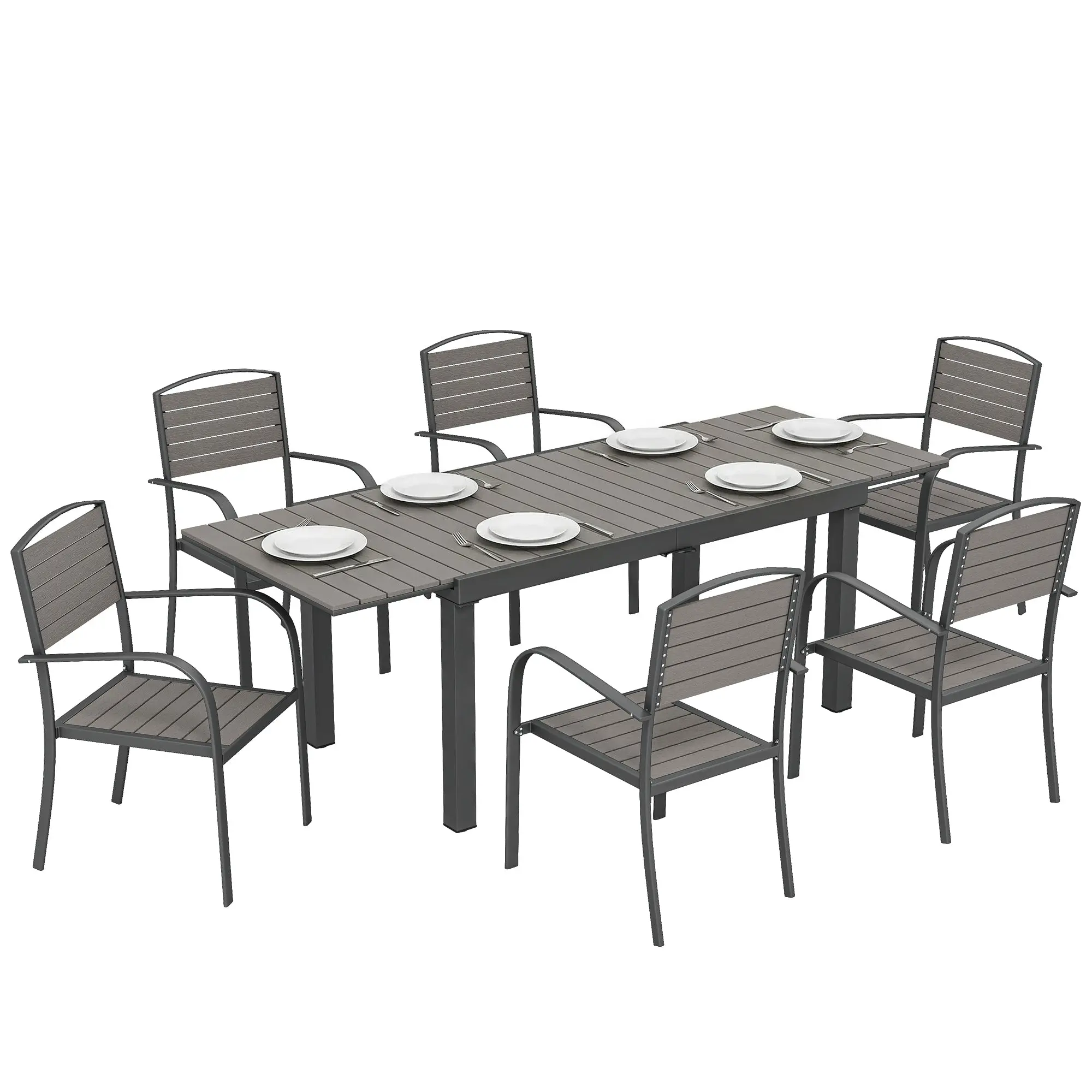 7-Piece Extendable Outdoor Dining Set with 6 Chairs, Wood-Look Slatted Design, Aluminum Frame, Weatherproof, Gray
