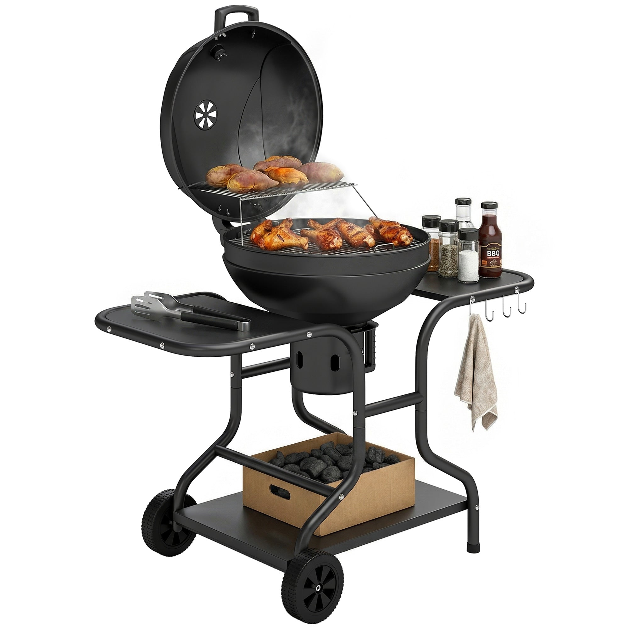 Outsunny kuglegrill til kul med sideborde, lågtermometer og hjul — 129 x 63,5 x 106,5 cm