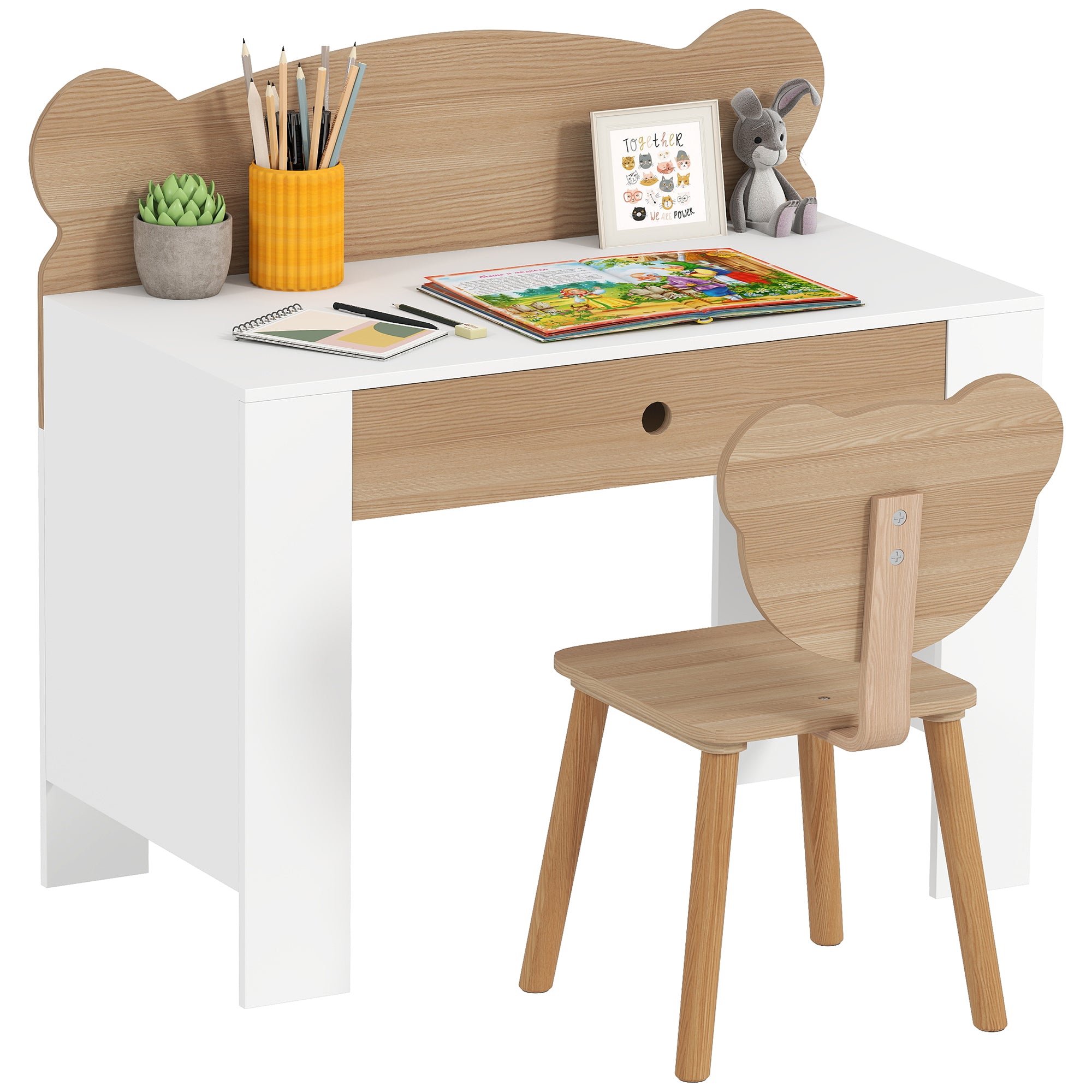 Children's Desk Set with Tabletop & Drawer Children's Desk and Chair with Bear Shape Student Desk Kids' Table Youth Desk for Boys & Girls Natural Wood