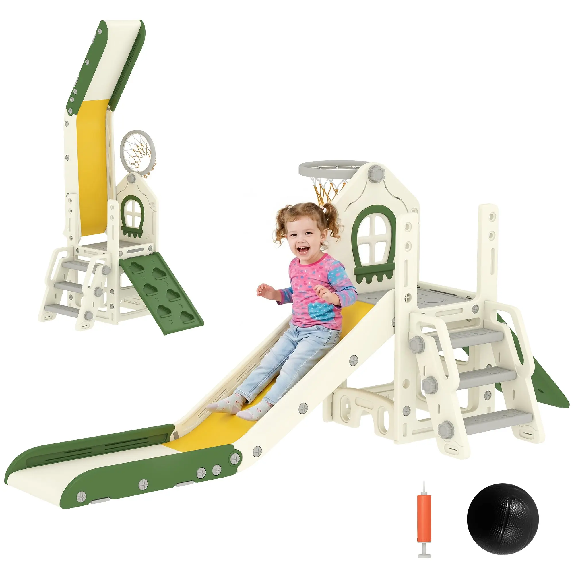 Foldable 4-in-1 Toddler Slide — Slide with Climber, Basketball Hoop & Ball, Storage Basket; Easy to Assemble & Clean, Indoor, Ages 1–3, Cream