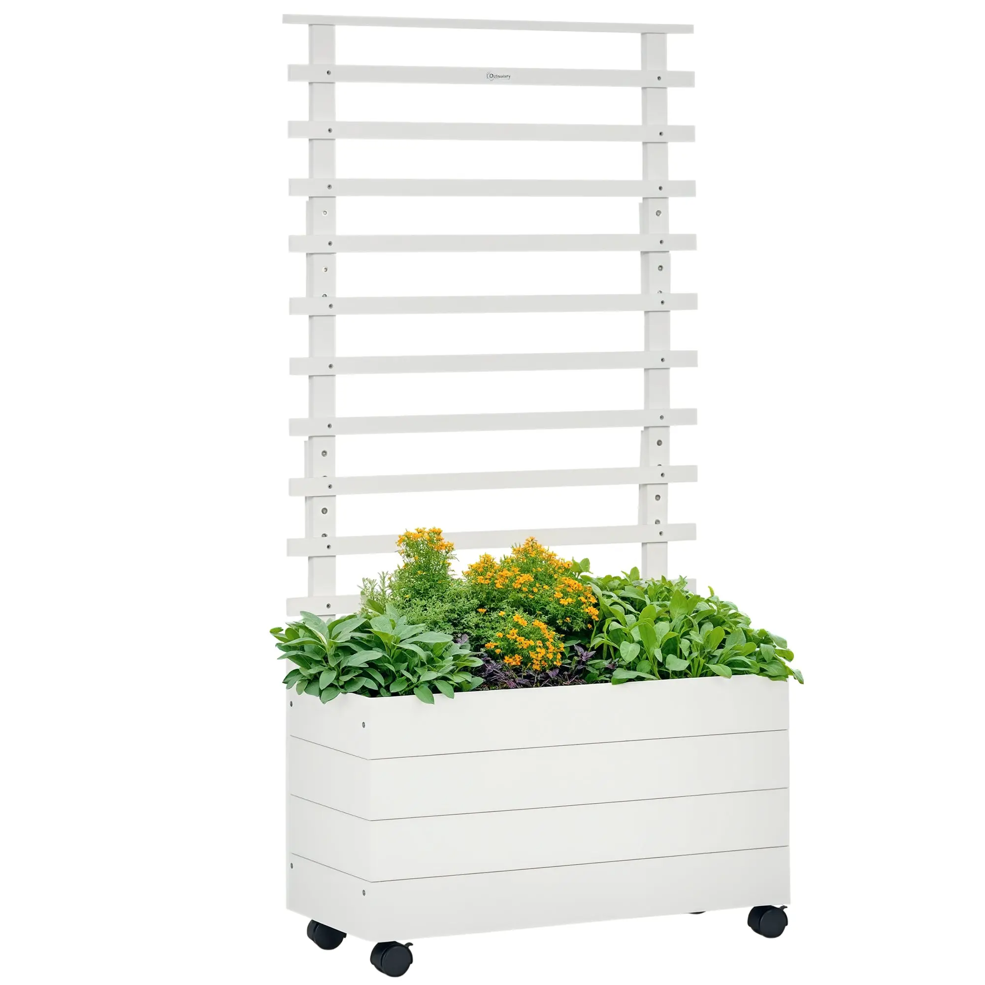 Planter Box with Trellis, Flower Box with Wheels, Raised Bed for Climbing Plants, Garden, Natural Wood, White, 76 x 30 x 155 cm