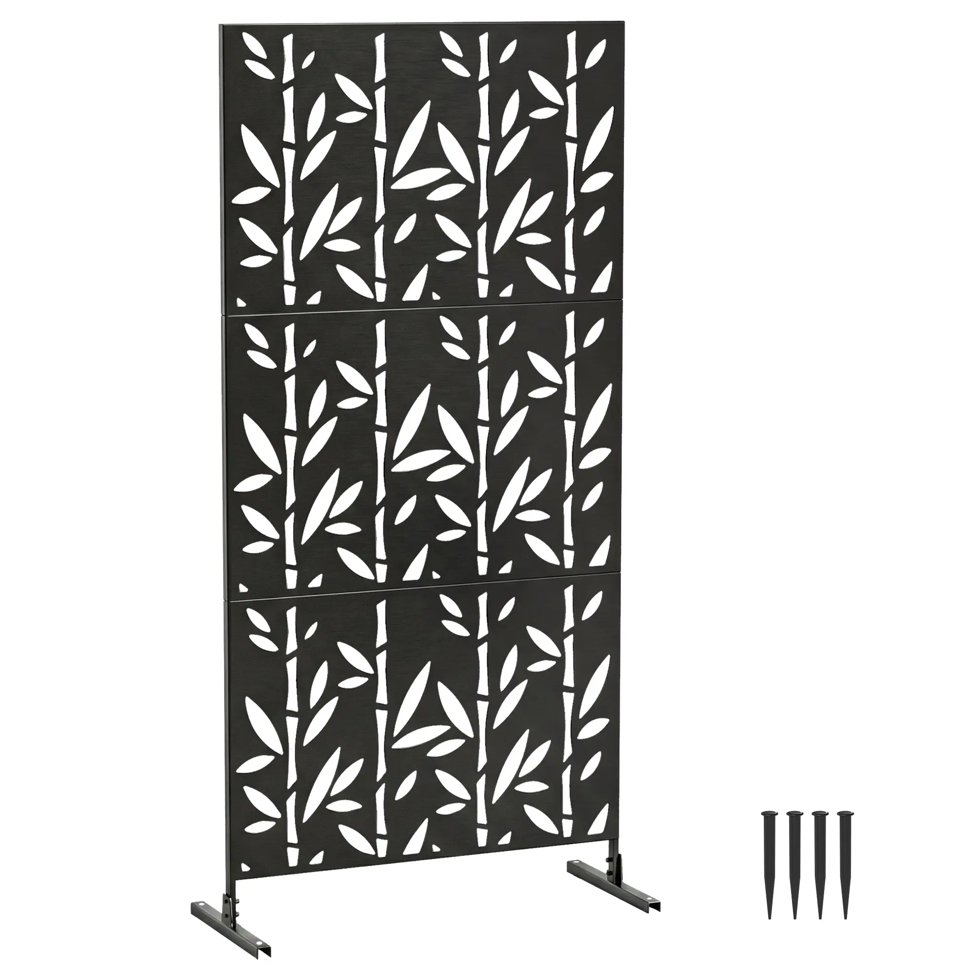 Decorative Outdoor Privacy Screen, Bamboo-Pattern 3-Panel Garden Divider with Metal Frame, 92 x 40 x 192 cm (36.2" x 15.7" x 75.6"), Black