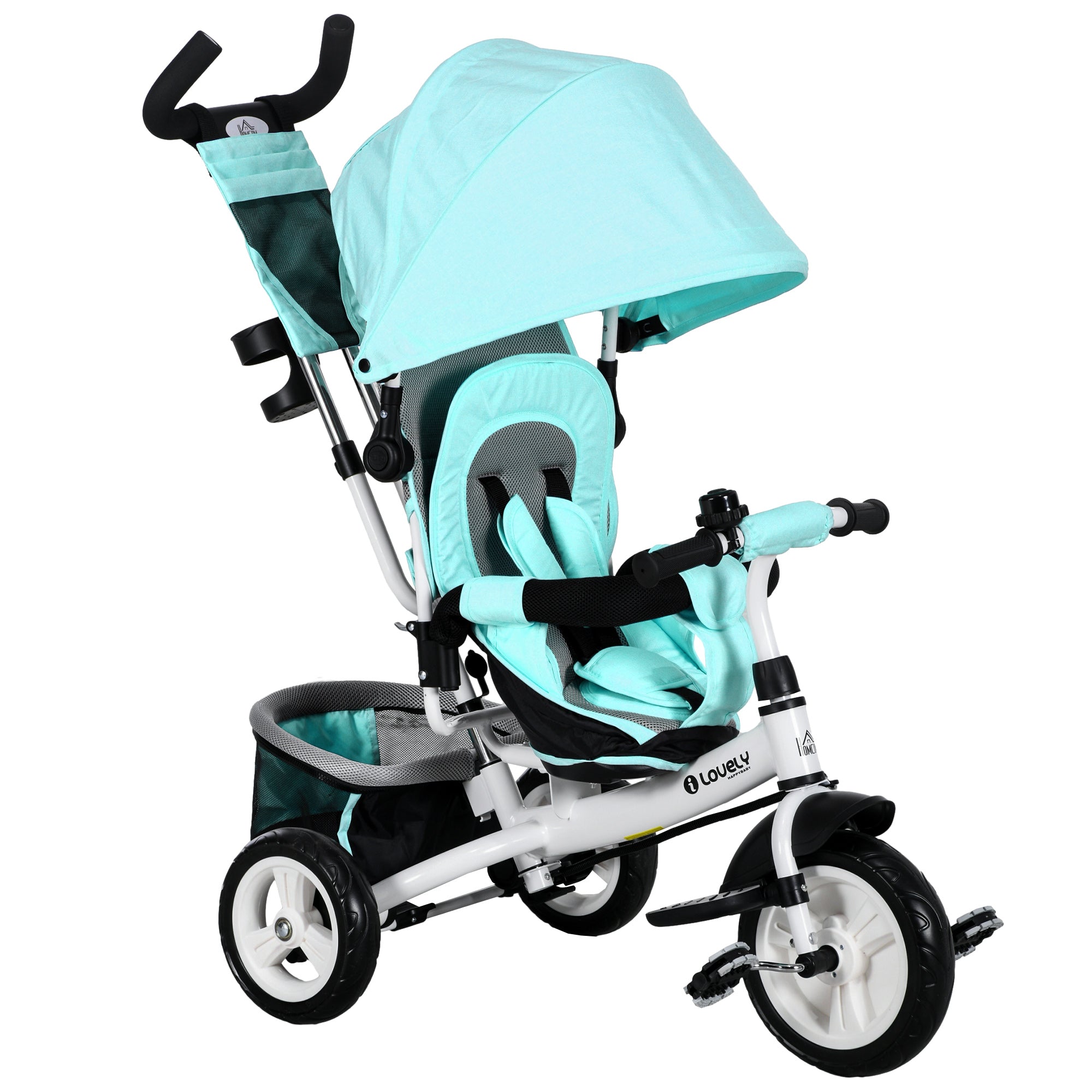 HOMCOM 6-in-1 Trike mat Schiebegrëff, Kanner Trike mat Aushuelbarem Sonnendach, Këssen, Balance Bike mam 5-Punktsécherheetsgepaak, Korb, Téi-Halter, fir Kanner vun 1-5 Joer, Gréng