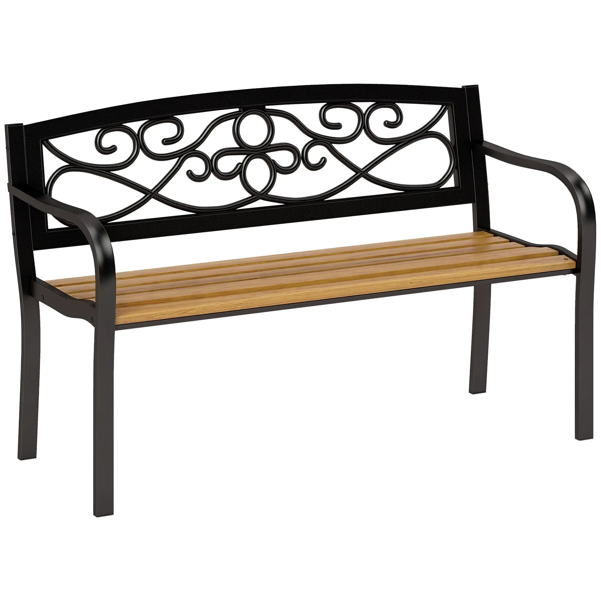 2-Seater Outdoor Garden Bench with Wooden Seat and Steel Frame for Patio Terrace 127x56x80 cm Black and Natural