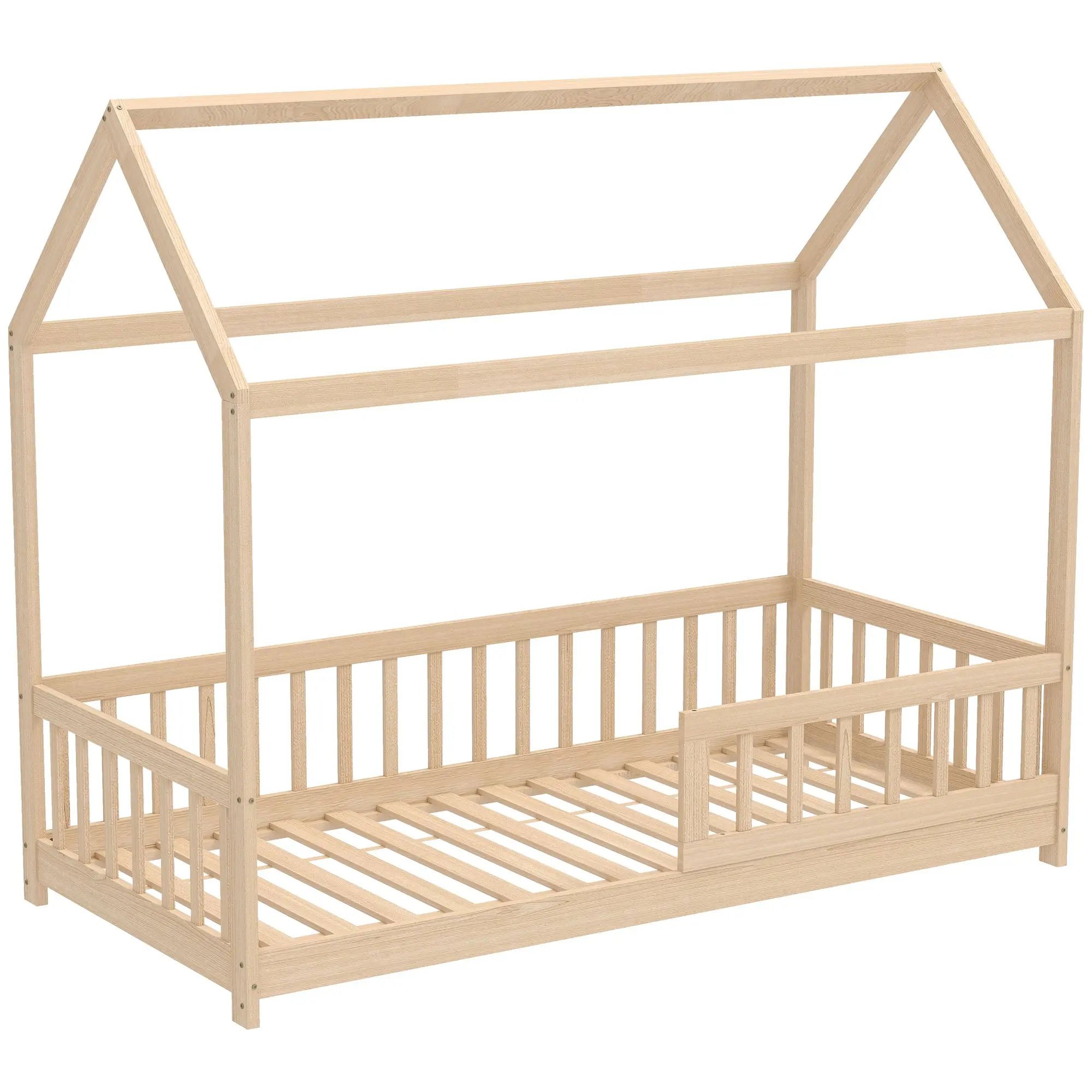 Montessori House-Style Kids Bed, 90 x 190 cm (35.4" x 74.8"), Pine Frame with 15 Slats & Safety Rails — Natural Wood