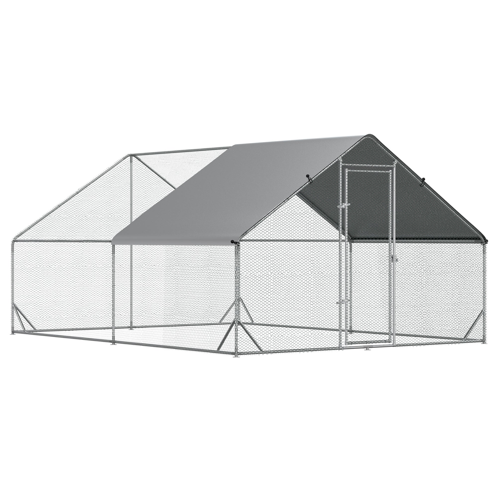 PawHut Outdoor Chicken Coop Run Enclosure, Steel, 300 x 400 x 200 cm, Chicken Cage with Weatherproof Cover, Lockable Door, for 8-12 Chickens, Small Animals, Silver