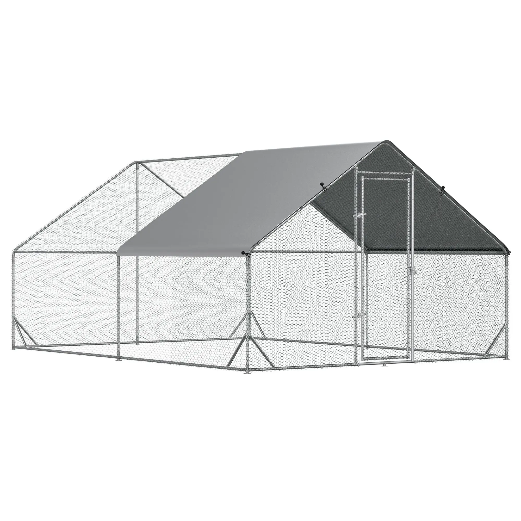 PawHut Outdoor Chicken Coop Run Enclosure, Steel, 300 x 400 x 200 cm, Chicken Cage with Weatherproof Cover, Lockable Door, for 8-12 Chickens, Small Animals, Silver