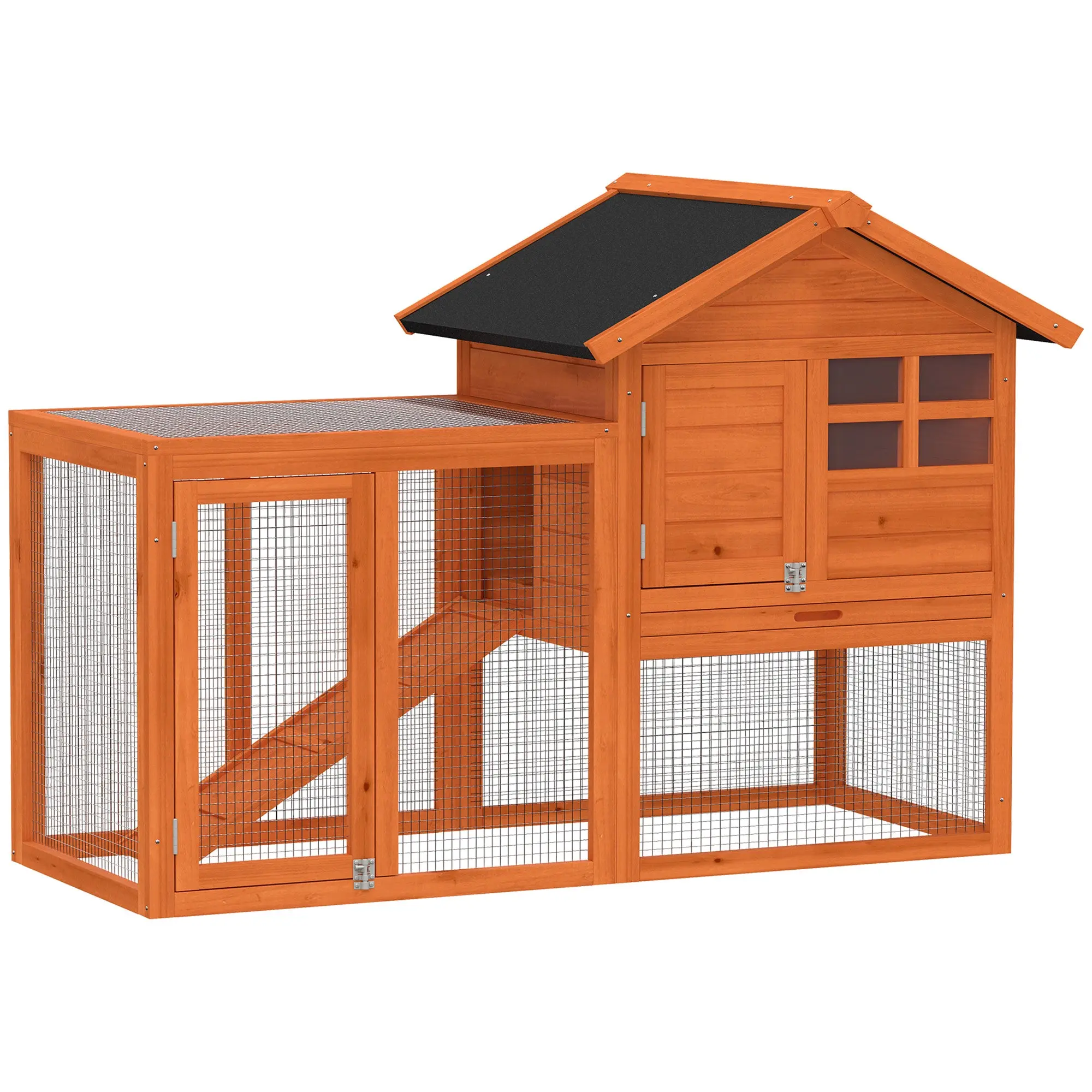 Large Wooden Rabbit Hutch with Run, 2 Story Outdoor Rabbit House with Ramp, Waterproof Roof & Lockable Doors, Bunny Cage for 1-2 Rabbits – Orange