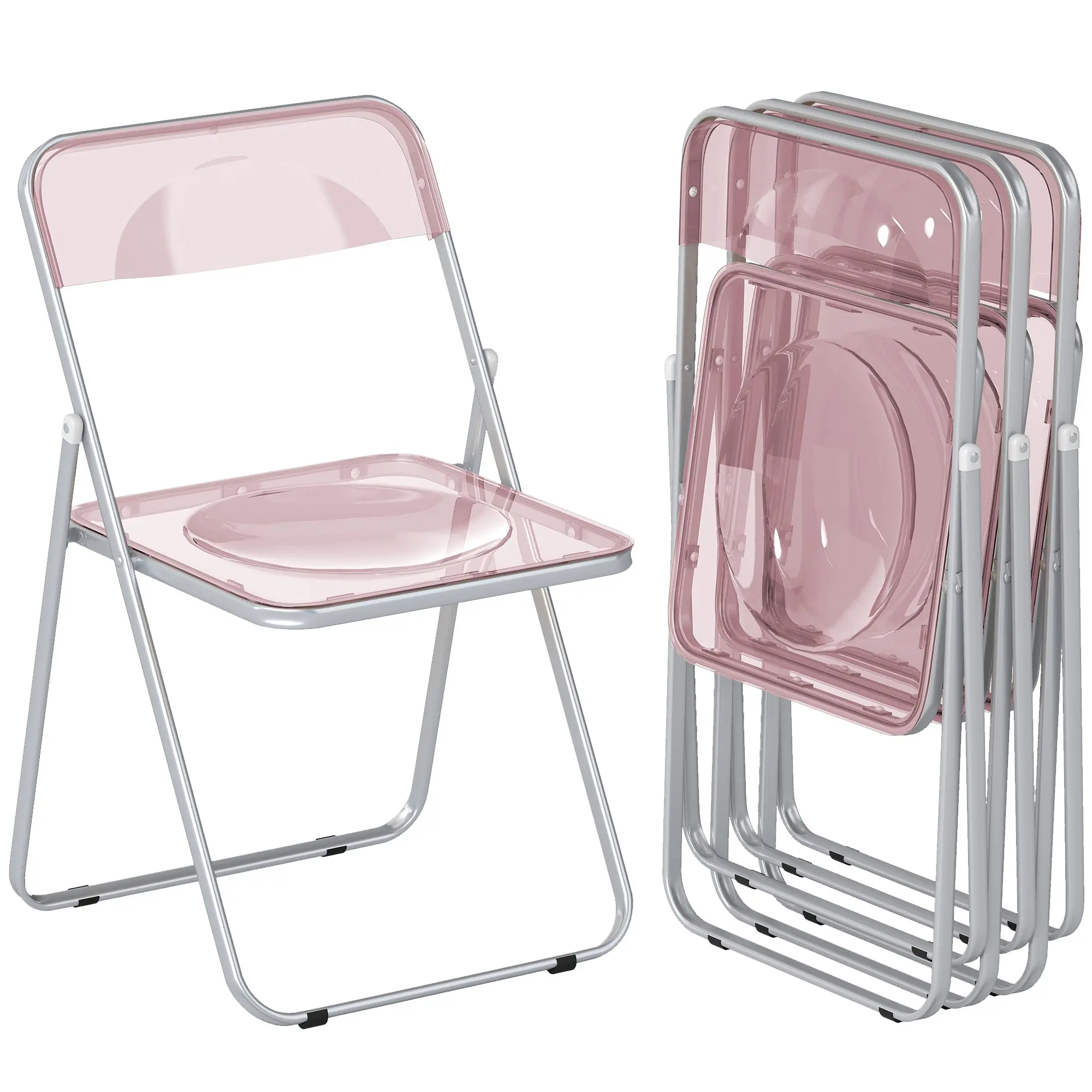 Set of 4 Acrylic Folding Chairs, Space-Saving Indoor Folding Chairs with Steel Frame, Portable for Home, Office, Kitchen & Events, 47 x 48 x 75 cm (Pink)