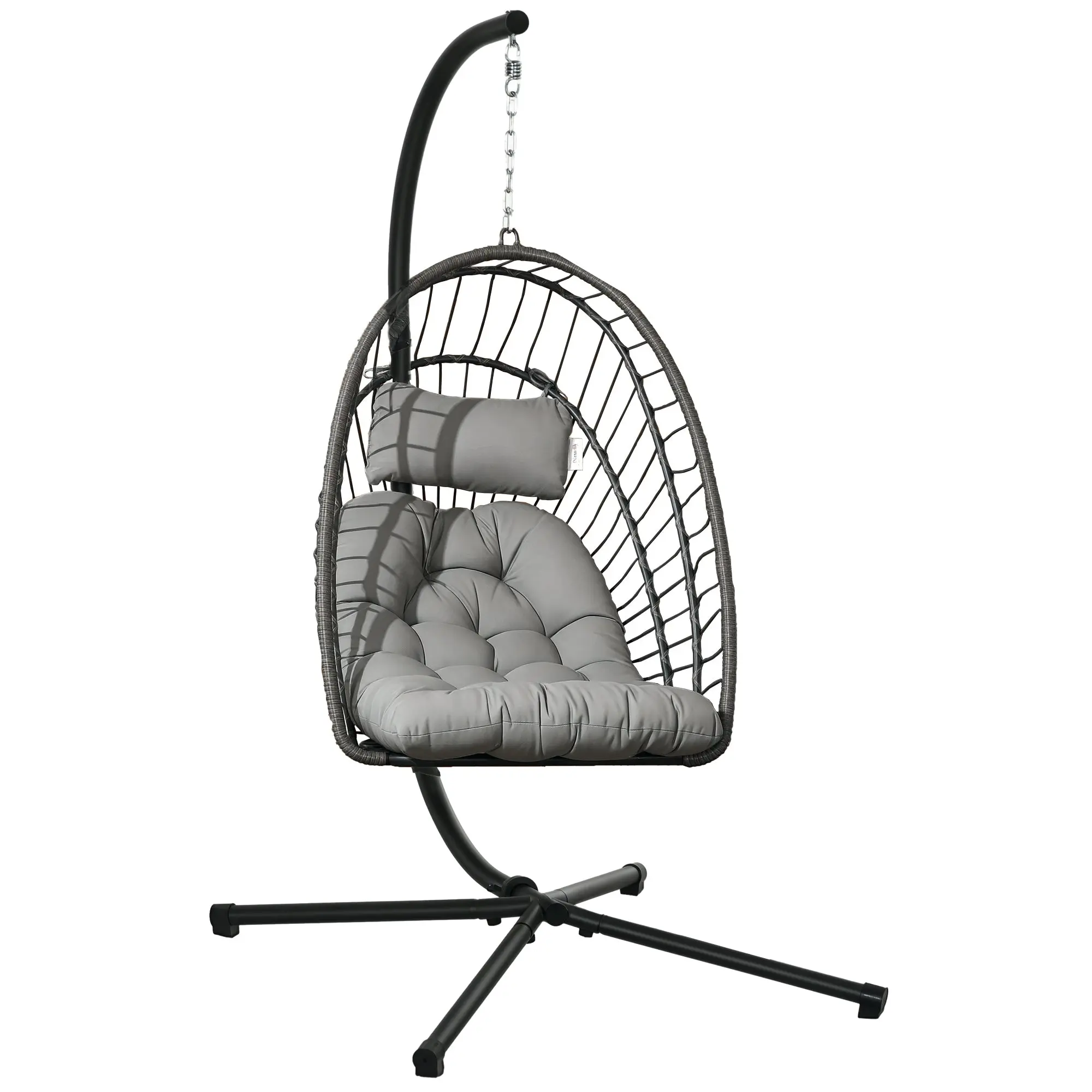 Rattan Hanging Chair Swing Basket Height 194 cm Indoor Outdoor including Stand, Foldable Hanging Basket, Cushion, for Patio, Garden up to 100 kg, Light Gray