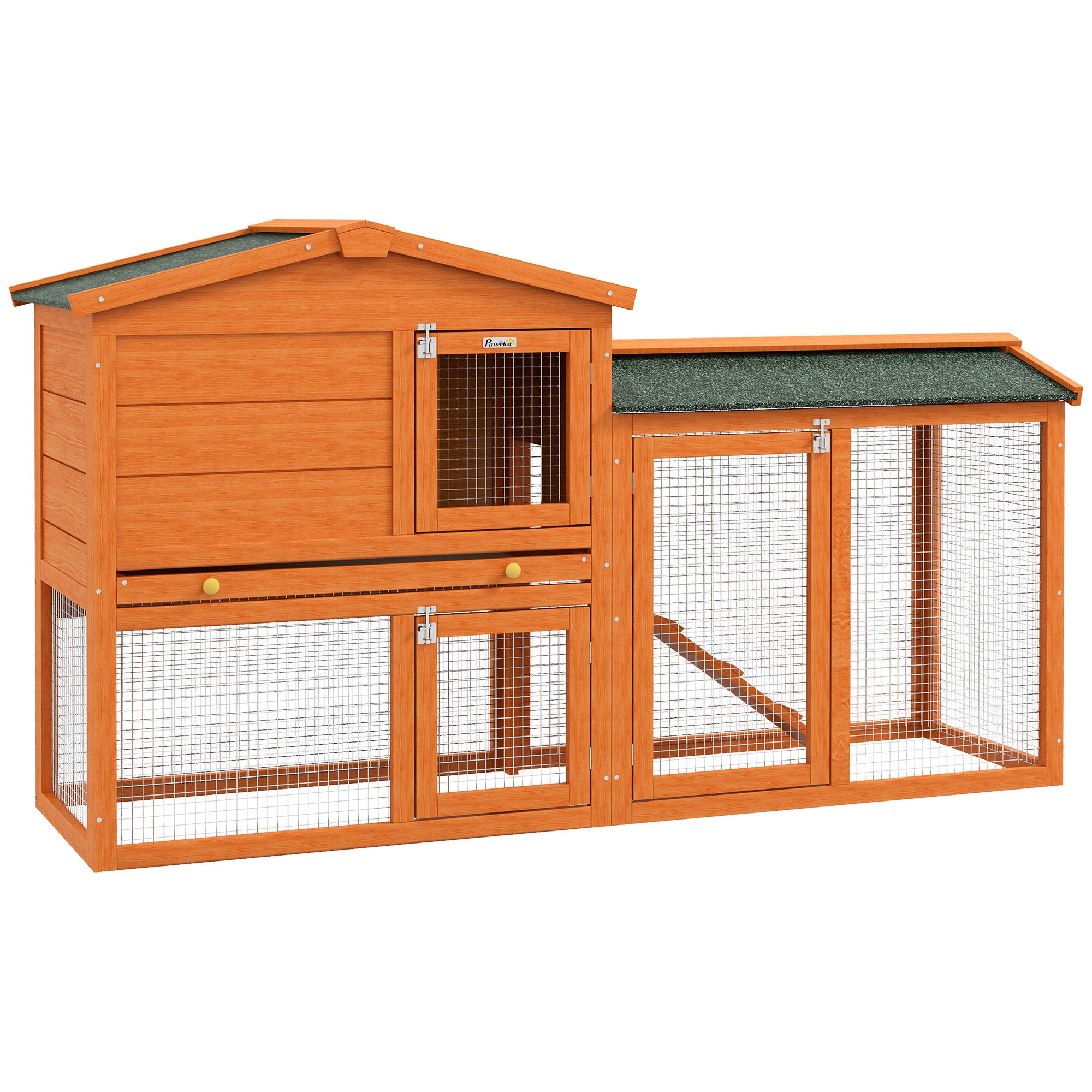 PawHut Holzhüddel fir Hasen 150x45x85 cm Groussen Käfig mat asphalte Dach, removabel Tray a Ramp fir natierlech eise