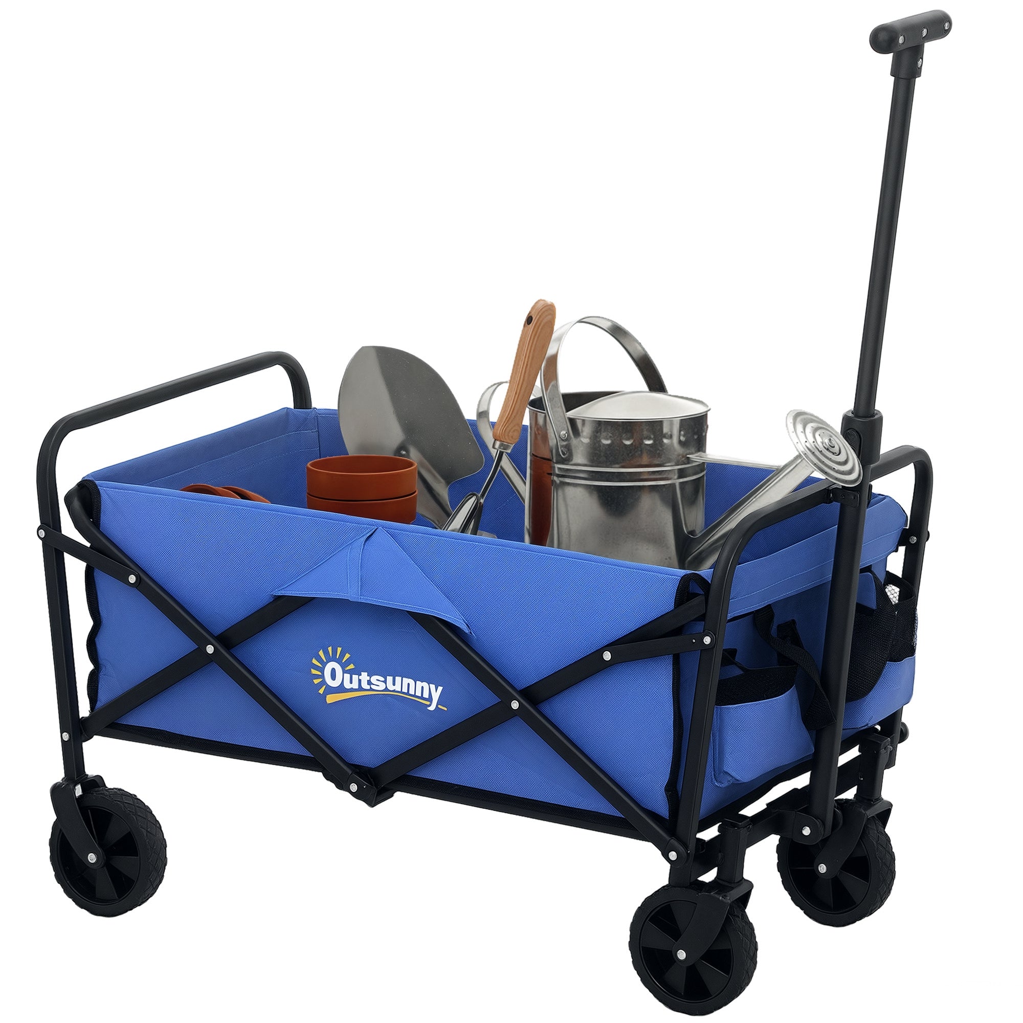 Outsunny Strandwagen mit Rädern - Faltbarer Gartenwagen mit verstellbarem Teleskopgriff, 2 Staubags, Tragfähigkeit 100 kg - All-Terrain Transportwagen für Garten, Camping und Einkauf - Blau