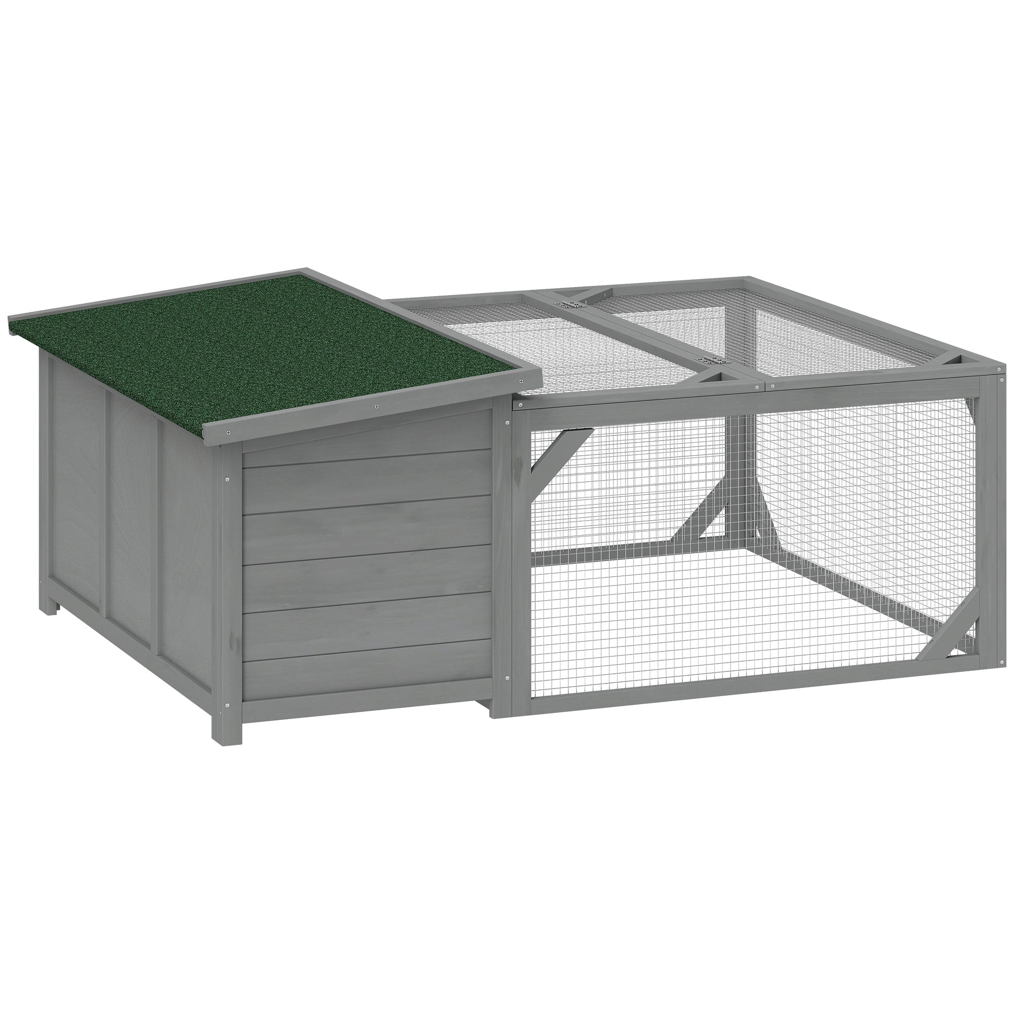 Wooden Rabbit Hutch with Run, 125.5 x 100 x 49 cm – Lift-Top Asphalt Roof, Doors, Outdoor Hutch for Rabbits & Guinea Pigs, Gray