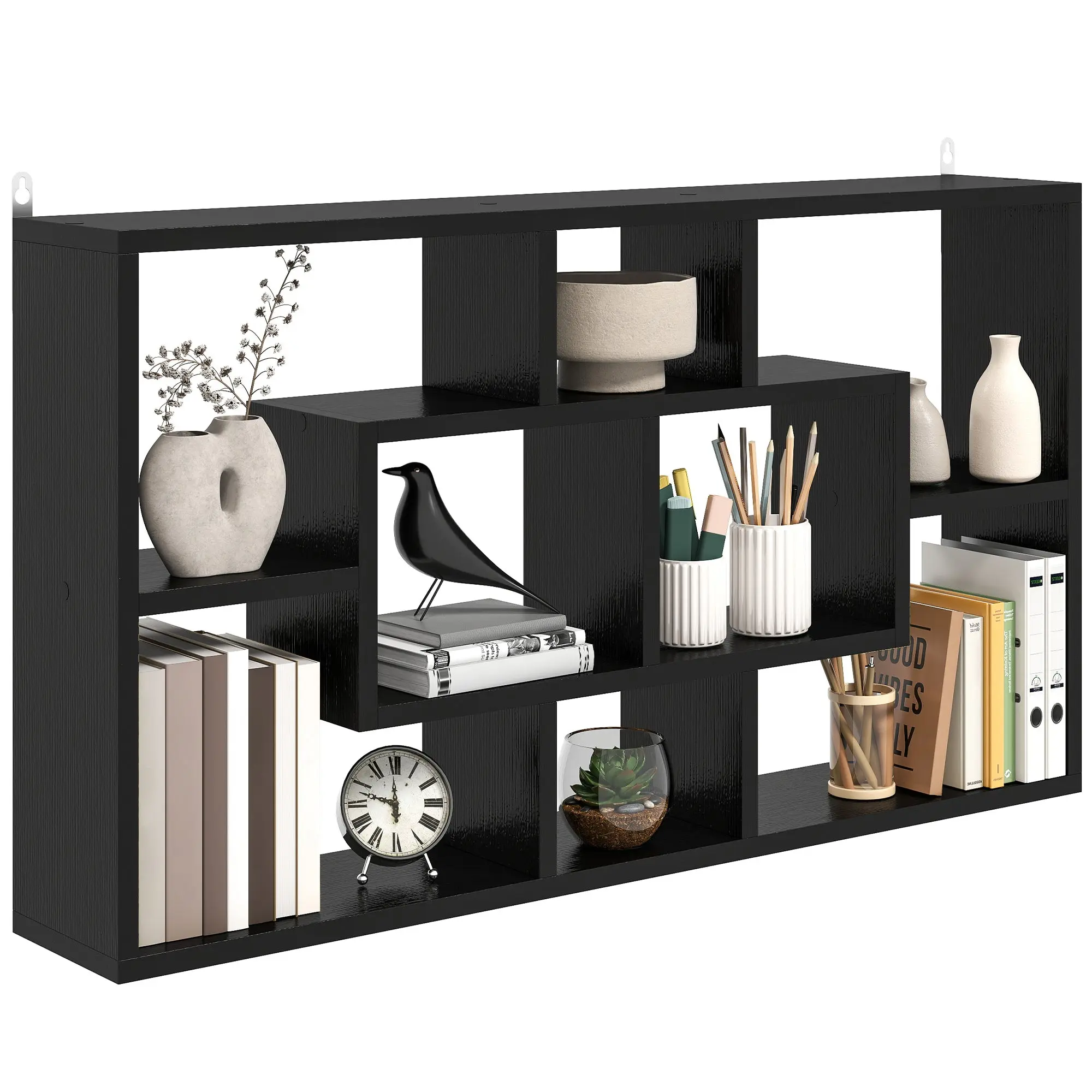 Decorative Wall Shelf — 8-Cube Floating Bookcase for Books & CDs, 33.5 x 5.7 x 18.7 in, 44 lb Load, Black
