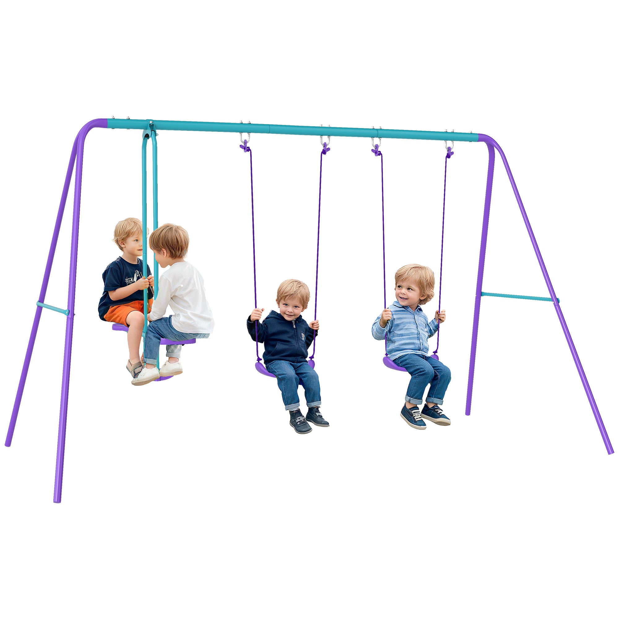 Outsunny Metallgarten-Schaukelset mit höhenverstellbaren Schaukeln für Kinder ab 3 Jahren - Doppelschaukel für Terrasse und Garten 280x140x176 cm Blau und Lila