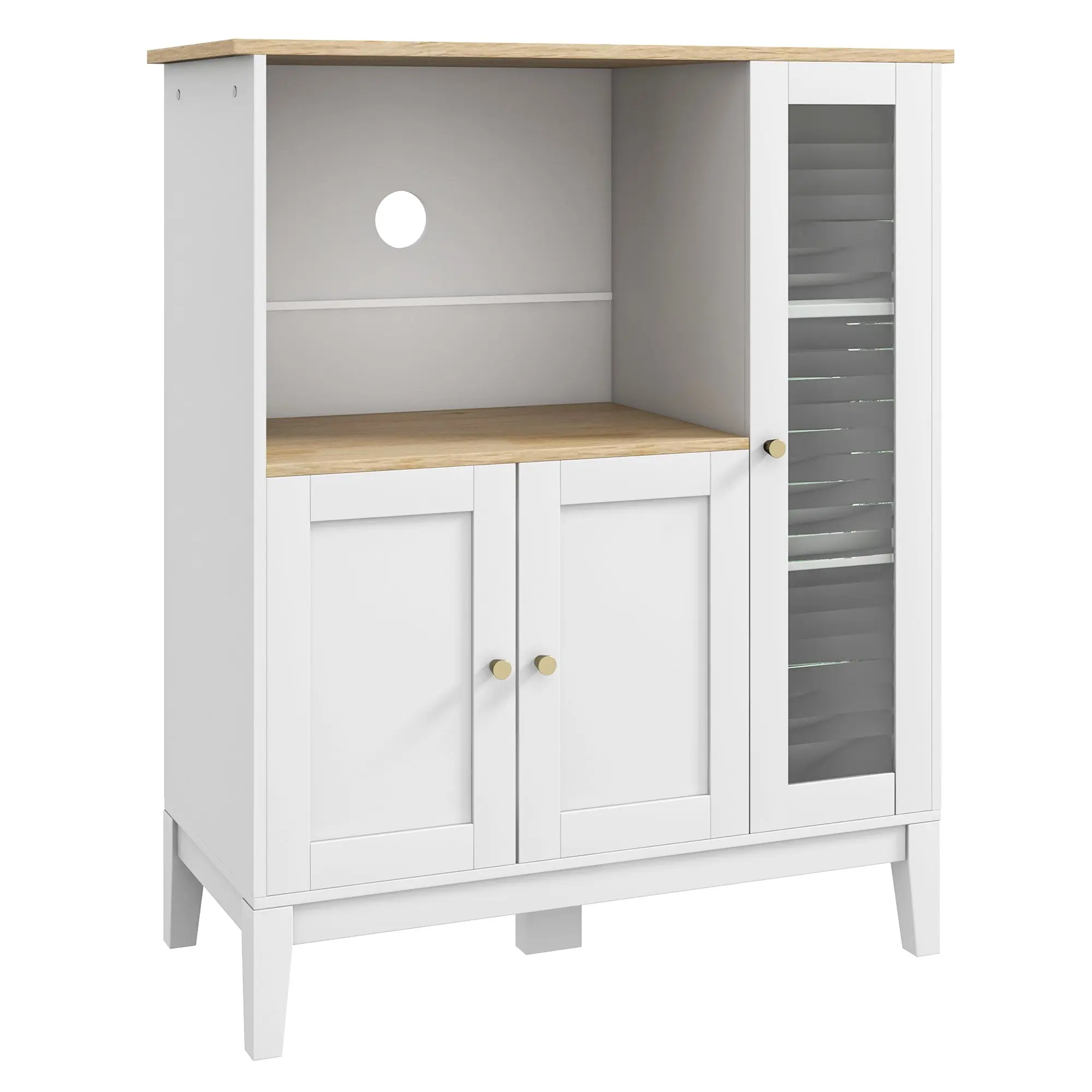 Microwave Cabinet, Kitchen Cupboard, Buffet, with 1 Niche 3 Doors, Cable Routing, for Kitchen, Dining Room, Living Room, 80 x 35 x 97 cm, Tempered Glass, White and Wood Grain Look