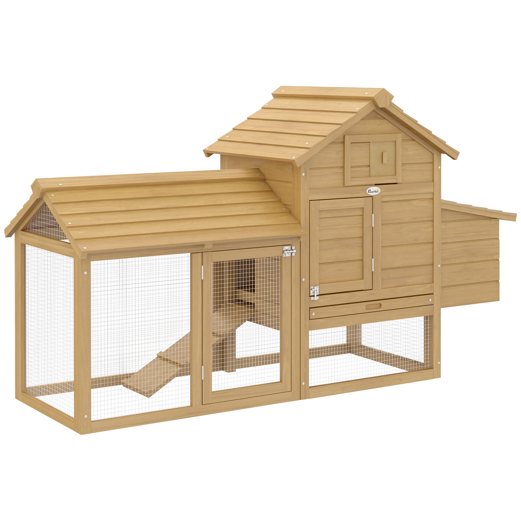 PawHut Außen Holz Hühnerstall für 2-3 Hühner mit 2 Drahtgehegen, Öffnungsdach, Nistkasten, Abnehmbarer Schublade und Rampe 150,5x54x87 cm Natur