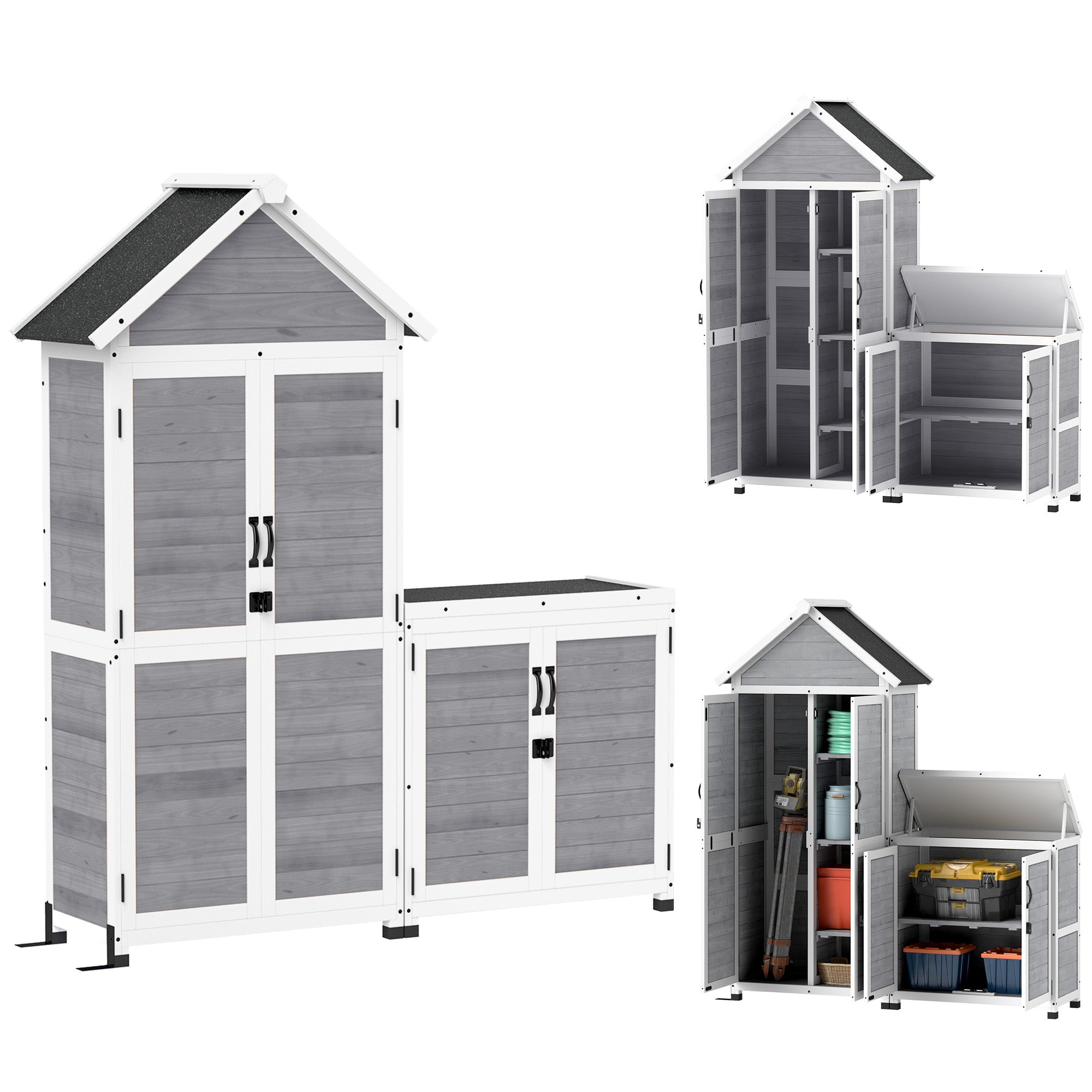 2 in 1 Garden Cabinet Wood, Tool Shed with Storage Cabinet Lockable Door Pent Roof Shelf 89x51x182cm, Weatherproof Tool Cabinet, Tool Shed for Garden, Patio, Light Gray