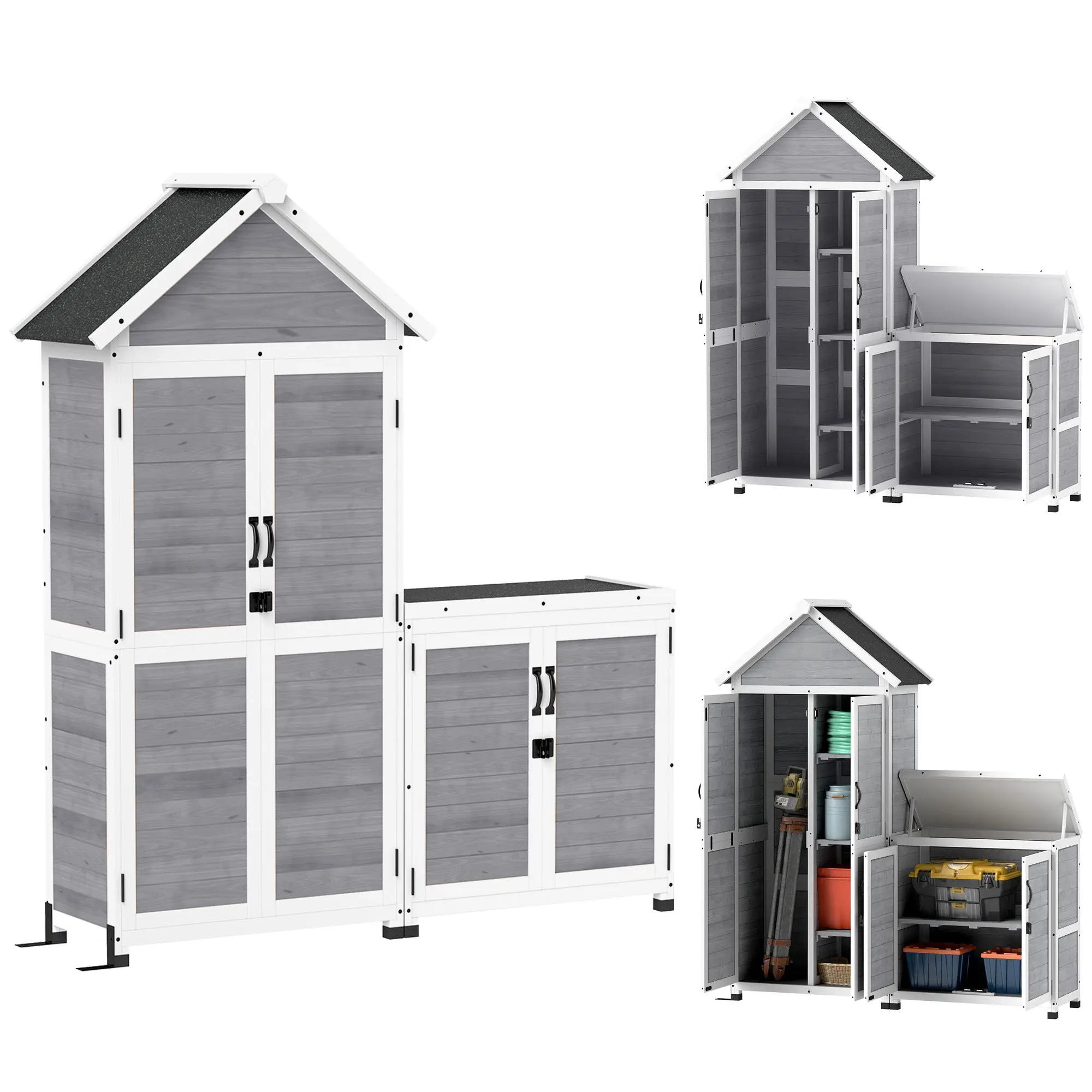 2 in 1 Garden Cabinet Wood, Tool Shed with Storage Cabinet Lockable Door Pent Roof Shelf 89x51x182cm, Weatherproof Tool Cabinet, Tool Shed for Garden, Patio, Light Gray