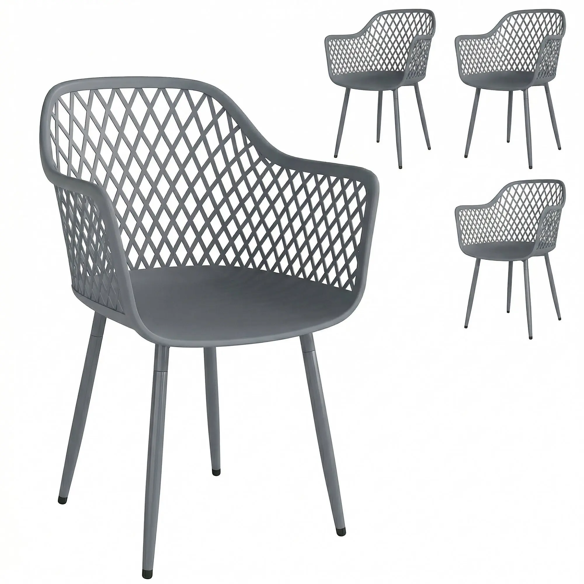4-Pack Garden Chairs — UV-Resistant Plastic with Armrests & Backrest, Powder-Coated Metal Legs, 120 kg Capacity, Dark Gray