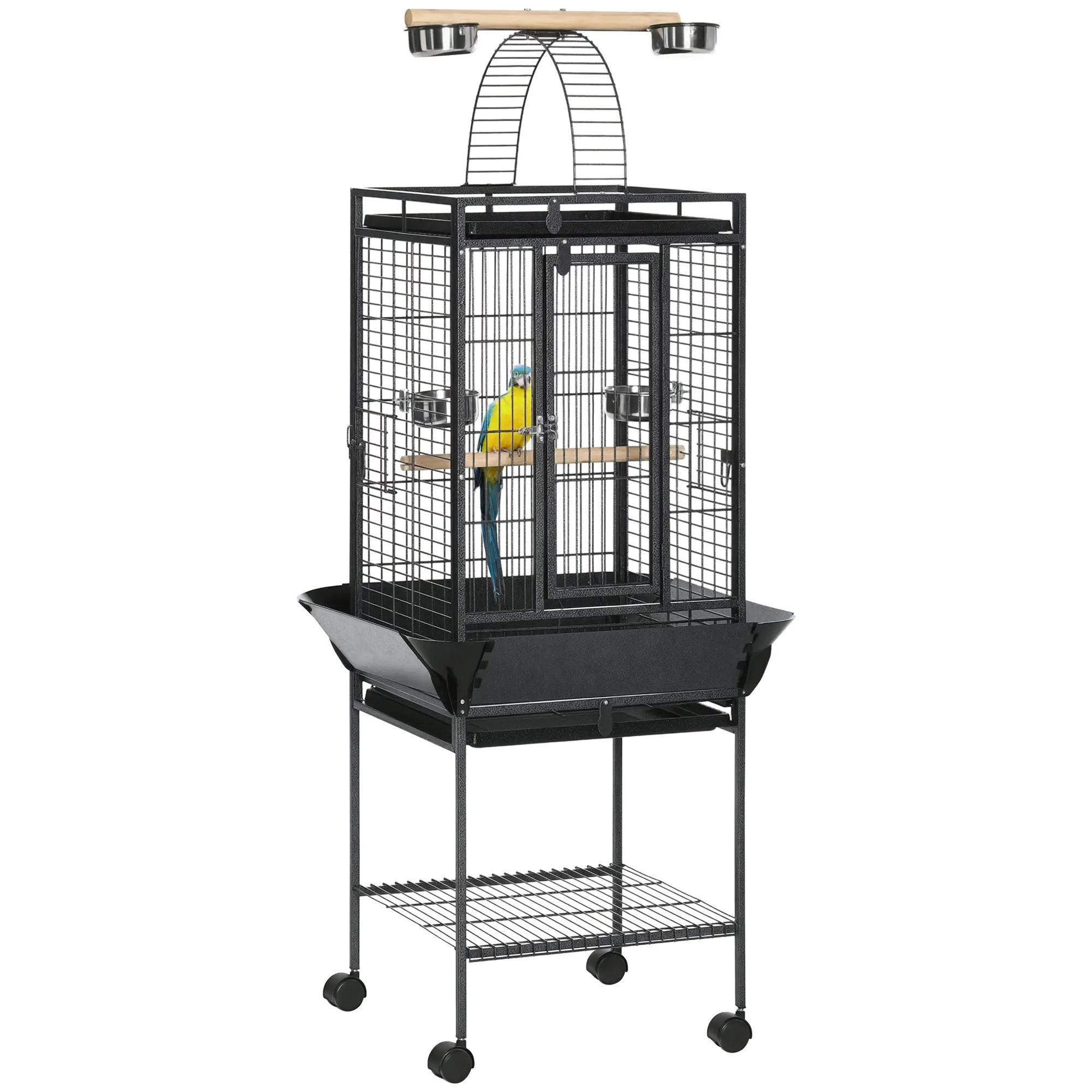Bird Cage with Wheels, Perches, Feeders, Shelf, Arched Bridge, and Removable Trays Birdcage for Cockatoos, Budgies, Lovebirds, Parrots 62.5x62.5x156 cm Gray