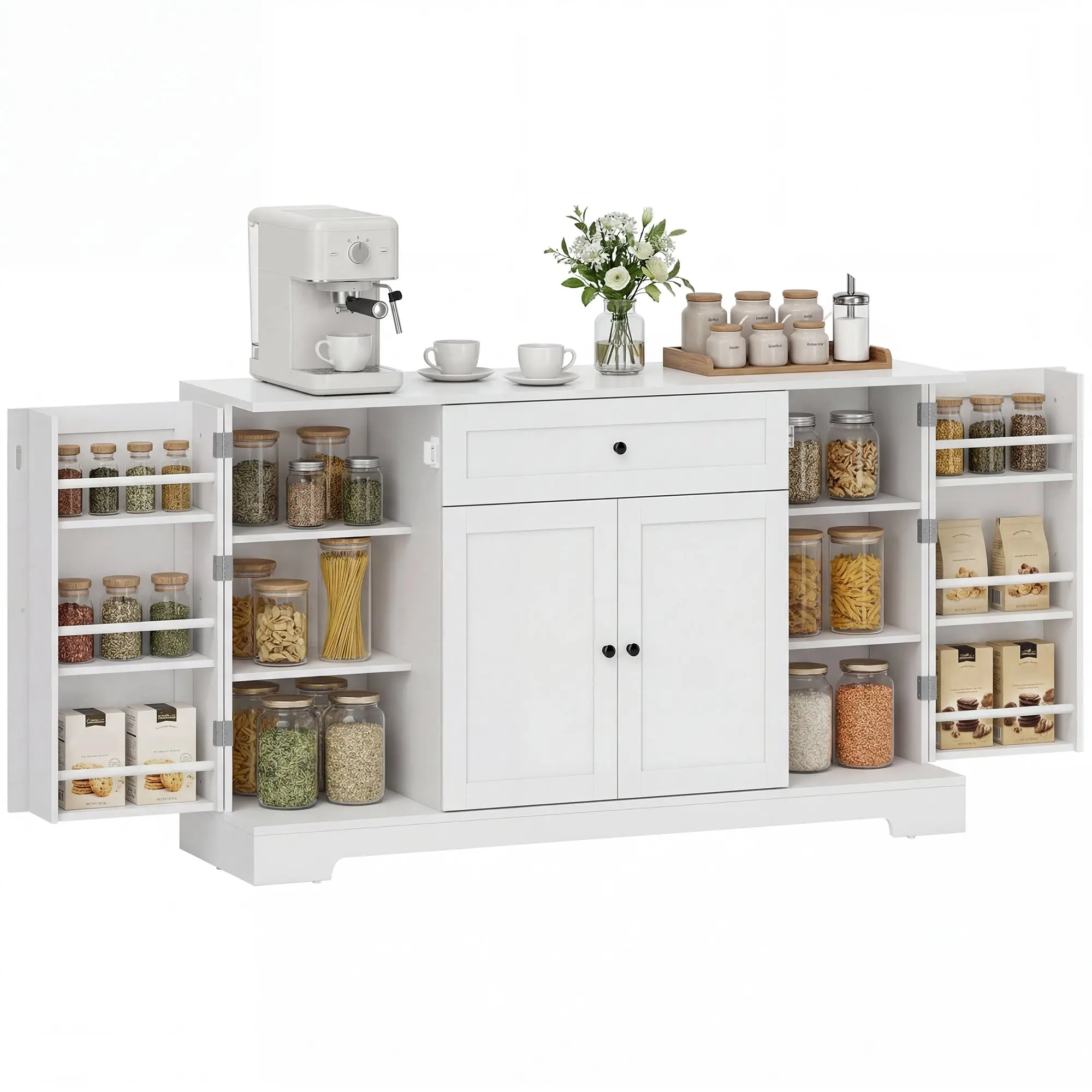 Buffet Sideboard Cabinet with Drawer, 4 Soft-Close Doors, Door Racks & Adjustable Shelves — Fits TVs up to 65" — 55.1 x 15.7 x 31.5 in (140 x 40 x 80 cm), White