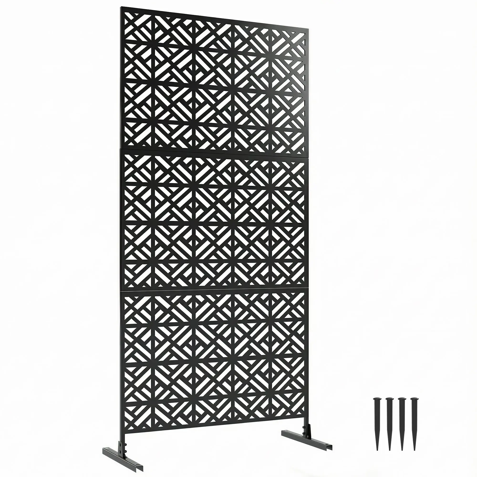 Decorative Outdoor Privacy Screen — 3-Panel Geometric Metal Garden Divider, 36.2 x 15.7 x 75.6 in, Black