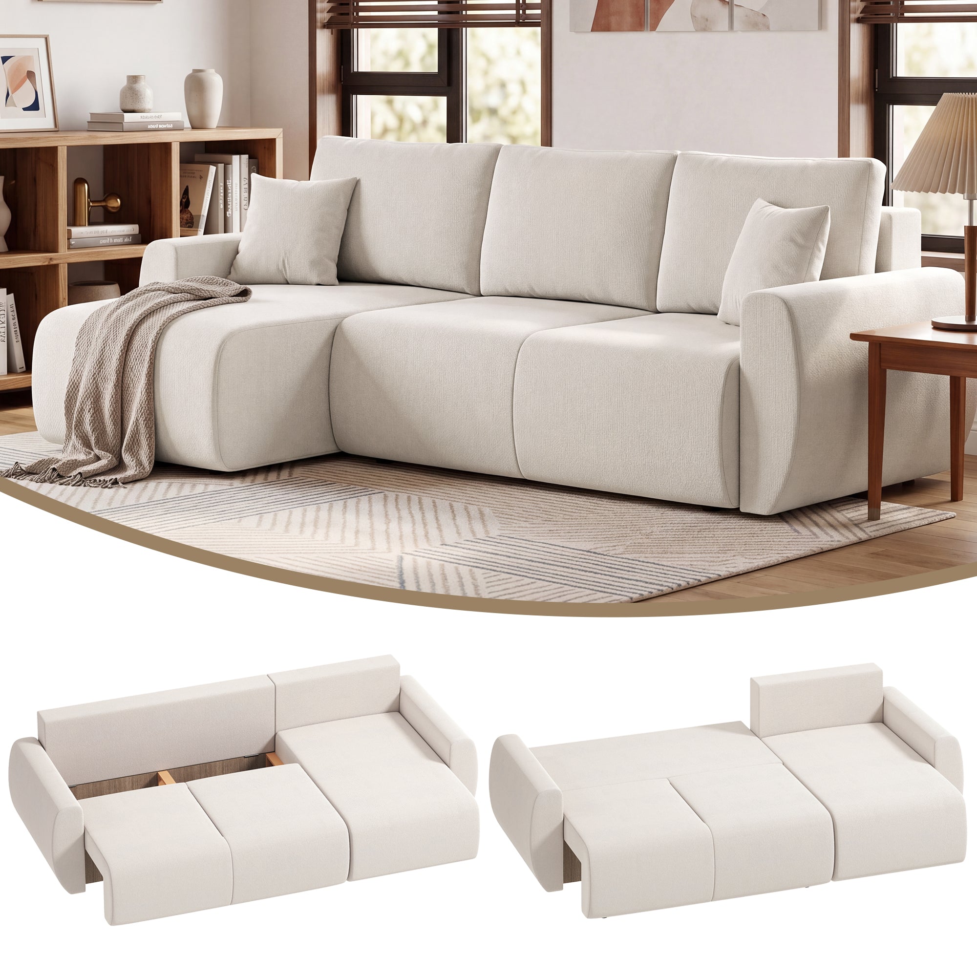 Canapé‑lit d'angle en L 3 places HOMCOM avec chaise réversible, suédine synthétique, rangement, crème