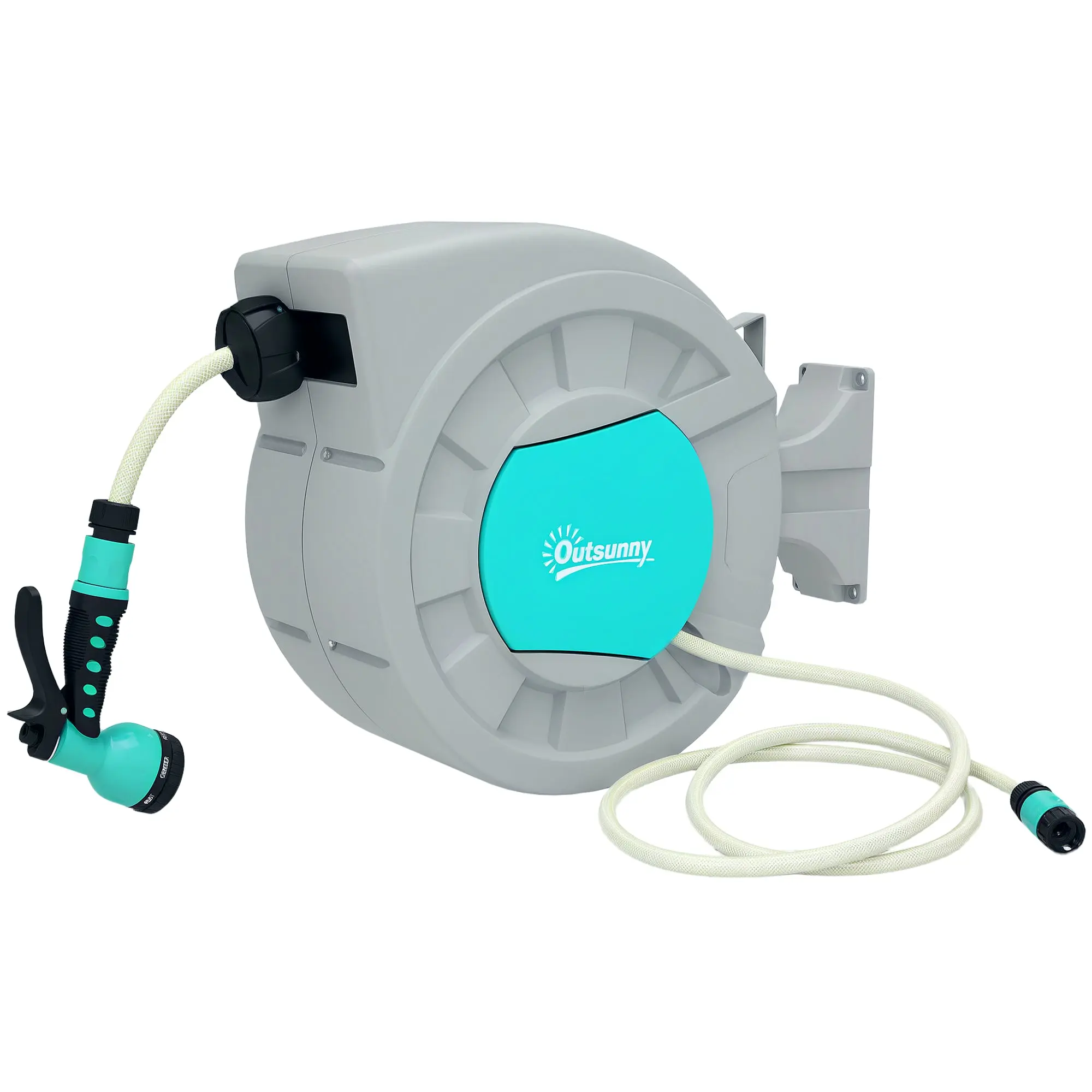 Hose Reel with Garden Hose 25m, 180° Rotatable Hose Box, Wall-Mounted Hose Reel, Automatic Rewind Water Hose Reel, 7-Function Hand Shower, Green+Grey