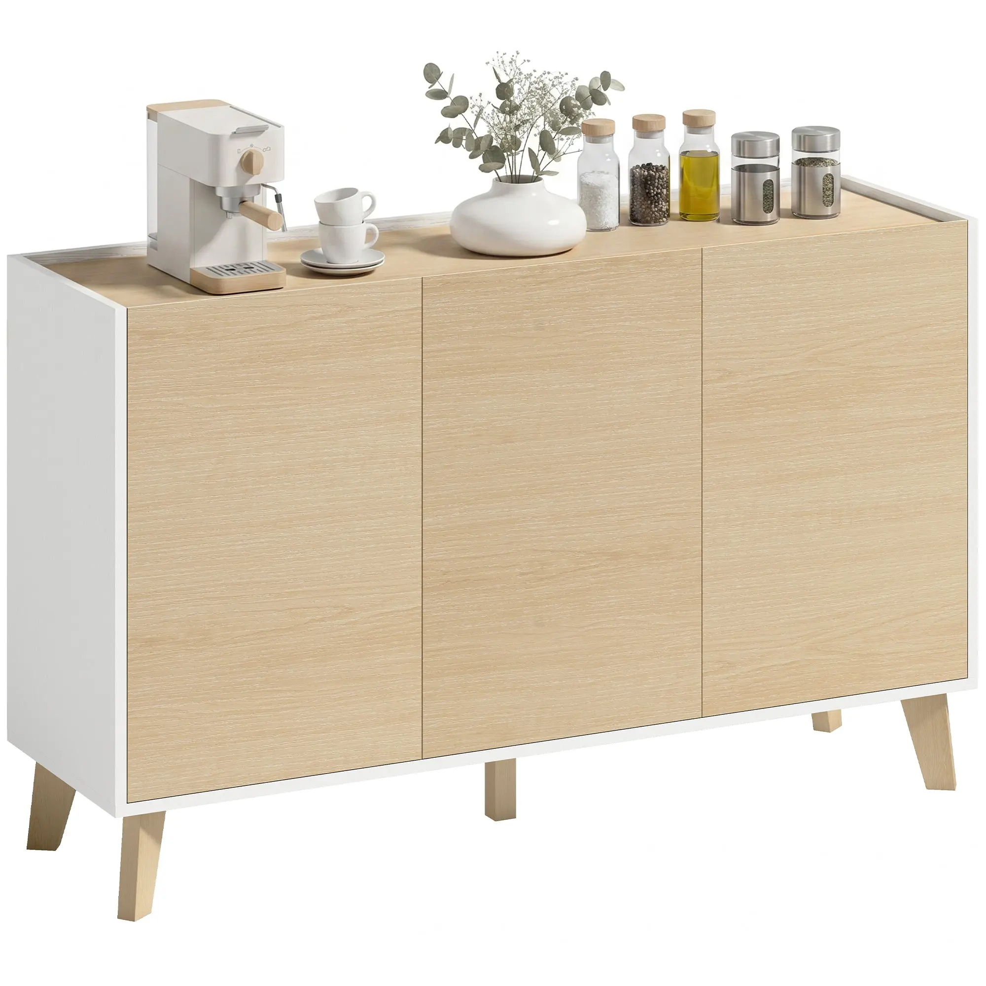 Kitchen Sideboard, Nordic Storage Cabinet with 3 Soft-Close Doors, 6 Compartments, TV Stand for up to 50" TVs, 47.2 x 13.8 x 28.9 in, Natural Wood & White