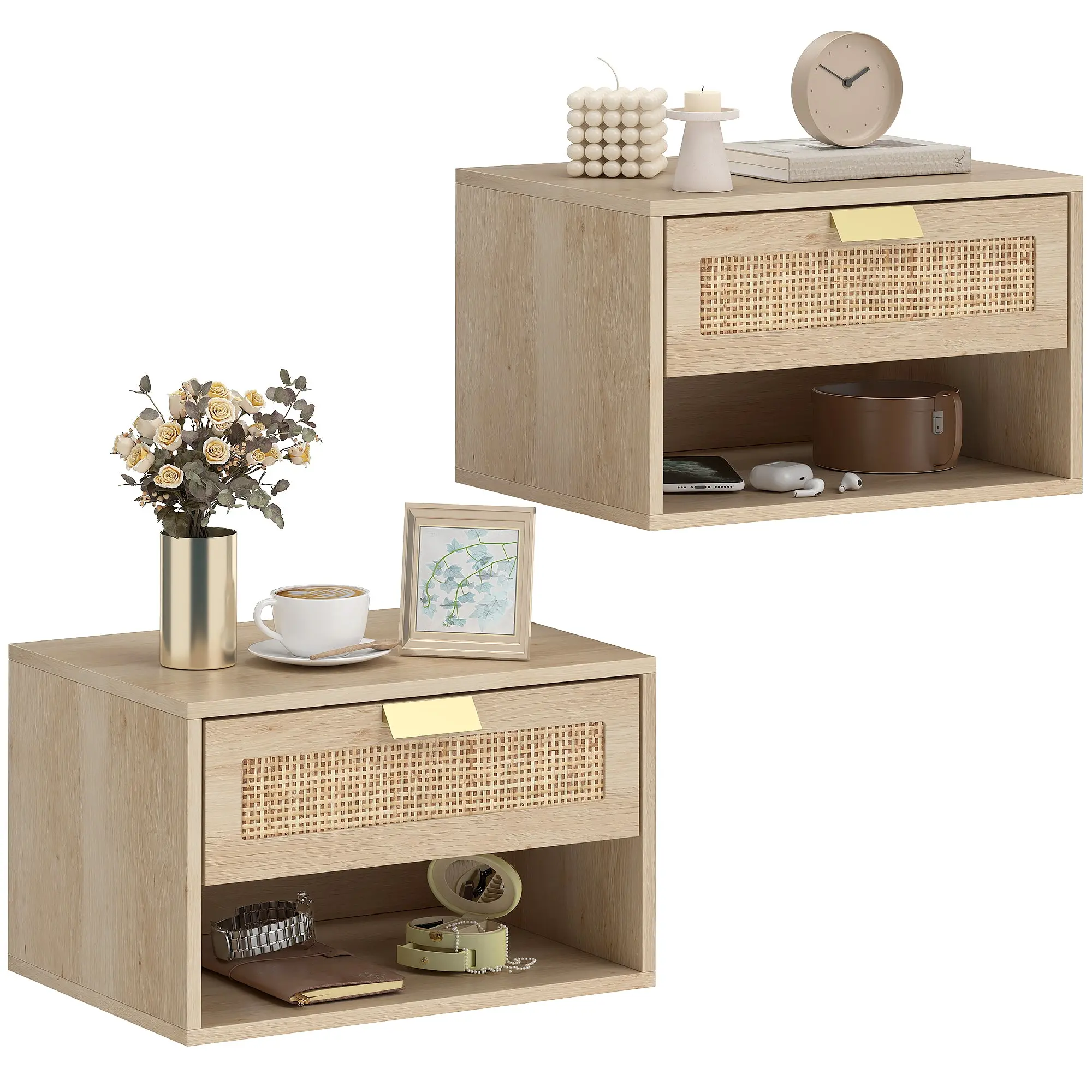 Set of 2 Floating Wall Nightstands, Bedroom Nightstands with Rattan Drawer, Open Shelf, Space-Saving Nordic Design, for Living Room, 15.7x11.8x9.8 in, Oak