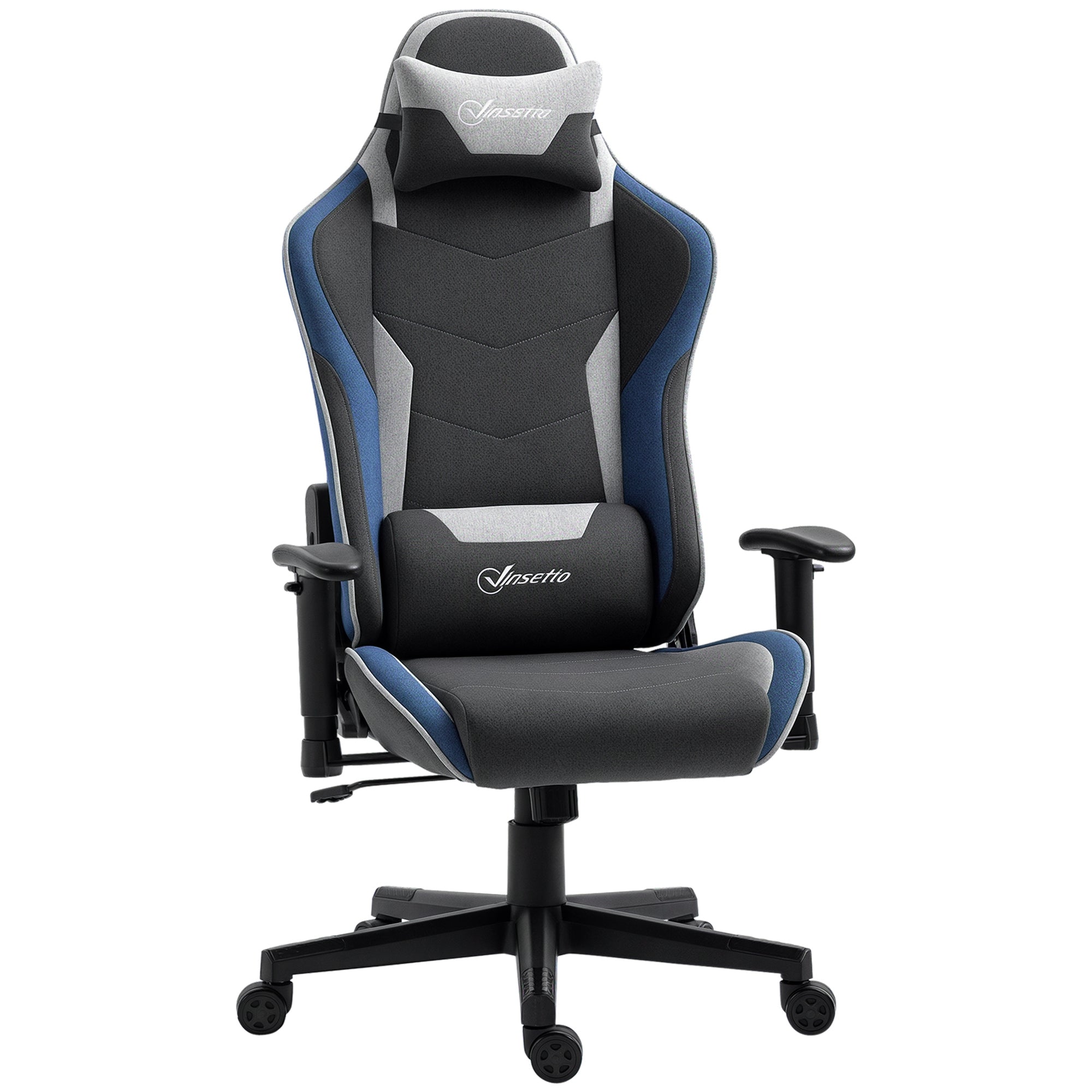 Vinsetto Ergonomischer Gamingstuhl mit Armlehnen, Kopfstütze, Höhenverstellung, Neigefunktion, Bürostuhl im Leinenstoff mit Wippfunktion, Lendenstütze, Blau