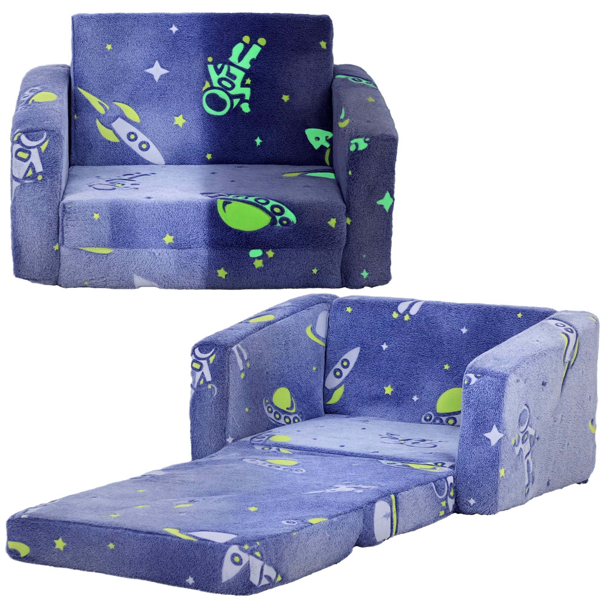 AIYAPLAY Klappbarer Kinderarmstuhl Kinder Recliner Sofa 2-in-1 Sofa für Babys Leuchtender Stoff Gepolstertes Waschbares Kissen und Bezug für Schlafzimmer Wohnraum Blau