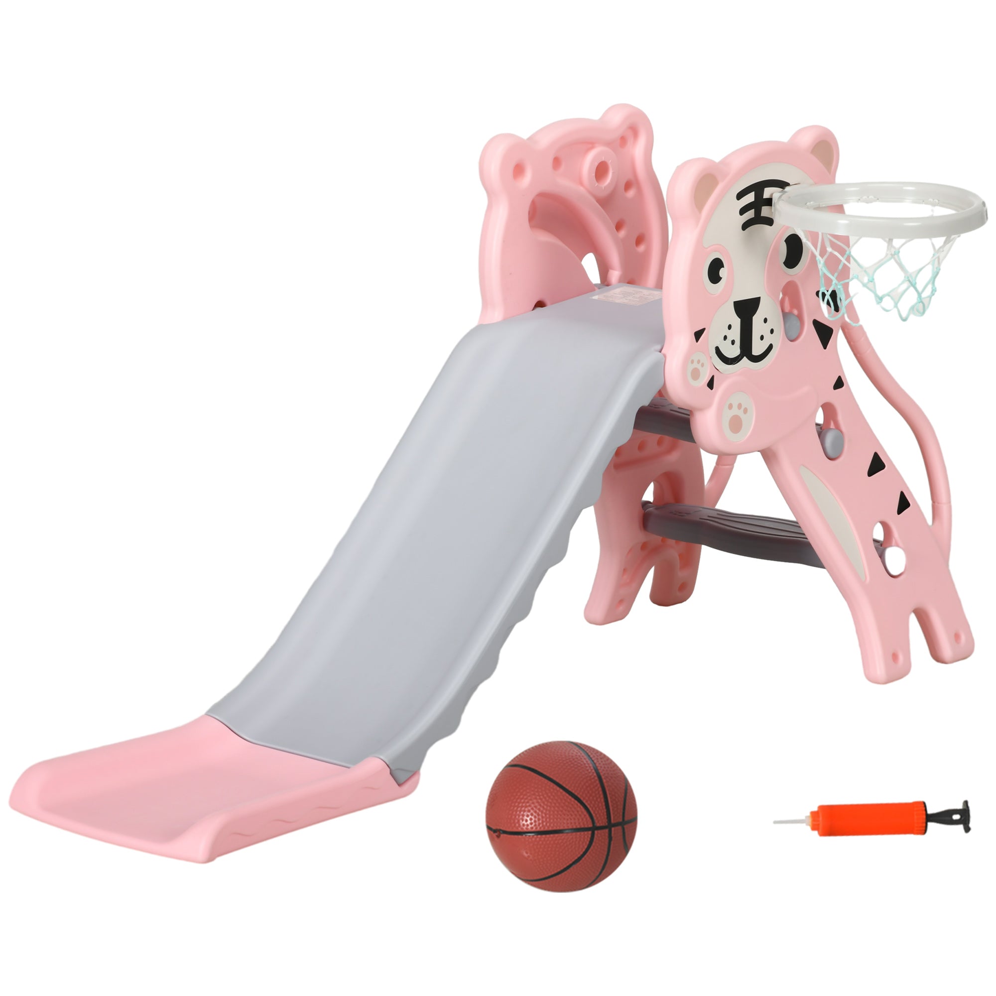 AIYAPLAY 3-i-1 Rutschbana för Barn 18-36 månader med 2 Stegar, 1 Basketkorg och Djurmönster för Inomhusbruk 133x60x70 cm Rosa och Grå