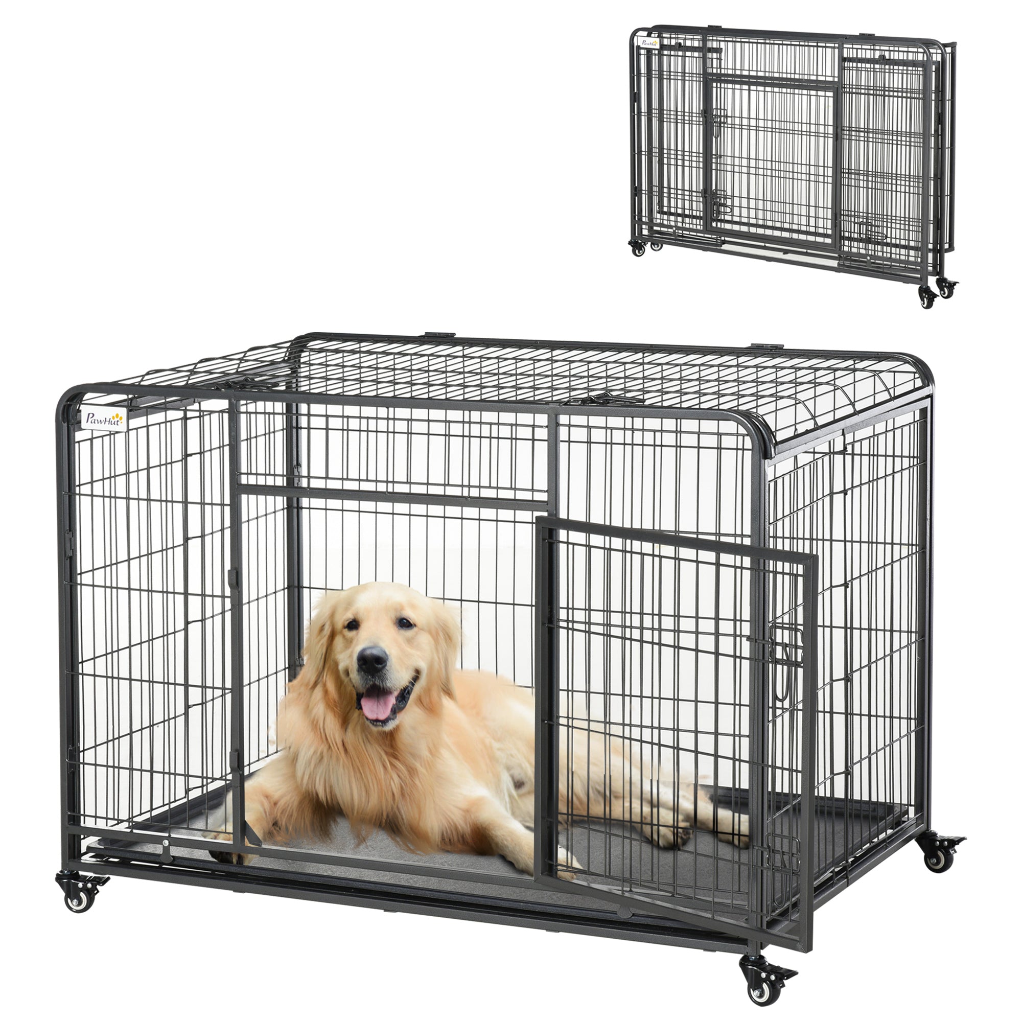 PawHut Vouwbare Metalen Hondenkooi voor Grote Honden 125x76x81 cm met Wielen en Remmen, Afneembare Lade en Deur met Latch voor Golden Retriever Labrador Donkergrijs