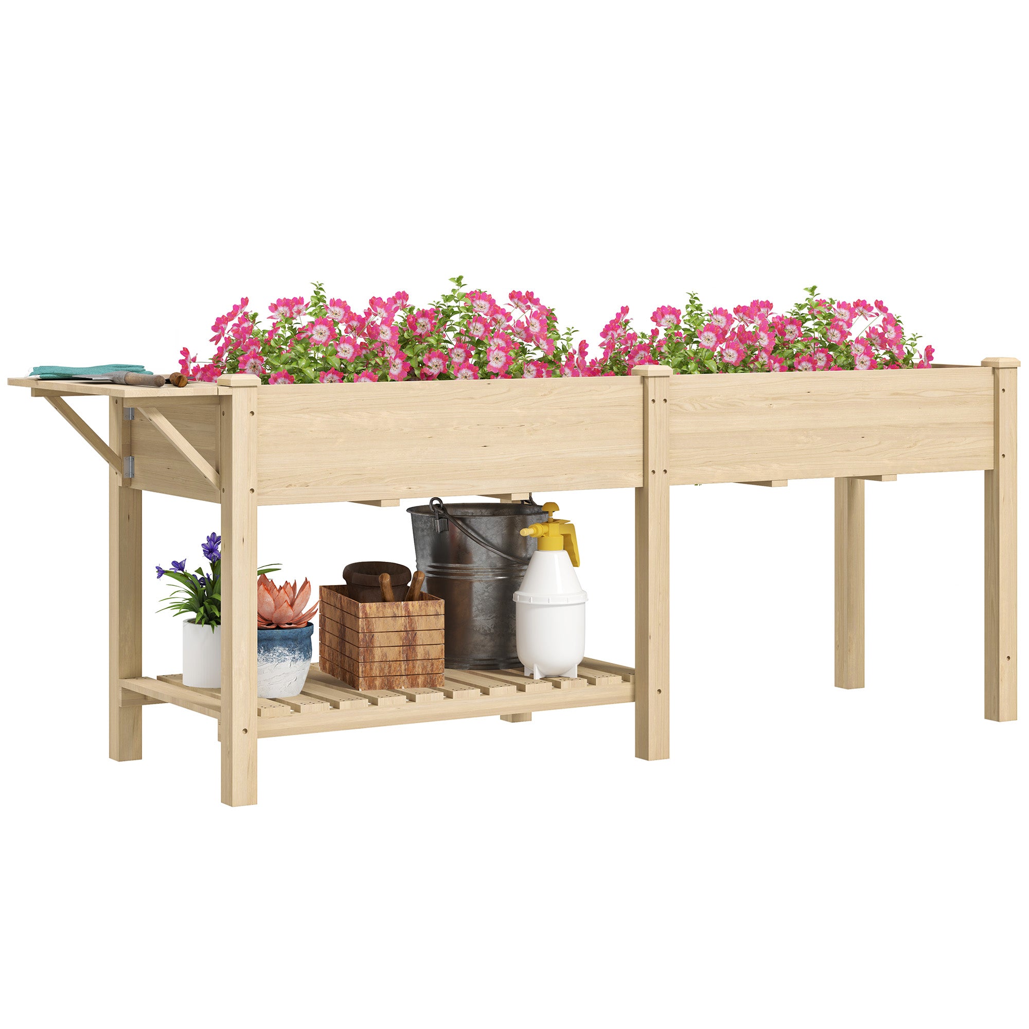 Outsunny Upphöjd Trädgårdsbädd med Ben, Trädgårdsplanterare med 2 Planteringslådor, Fällbar Hylla och Bottenhylla, Upphöjd Träplanterare för Blommor, 207 x 59 x 78 cm, Naturligt Trä