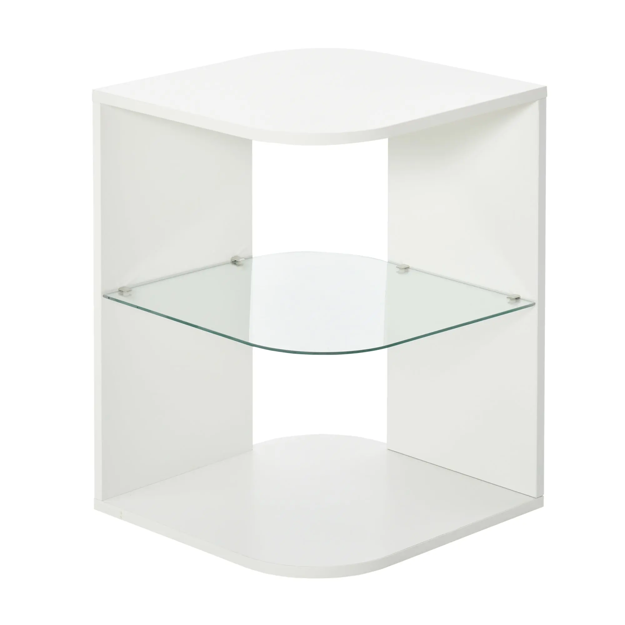 Modern Living Room Side Table Bedside Table with 3 Shelves Glass Top Coffee Table for Living Room Bedroom 40x40x56 cm White