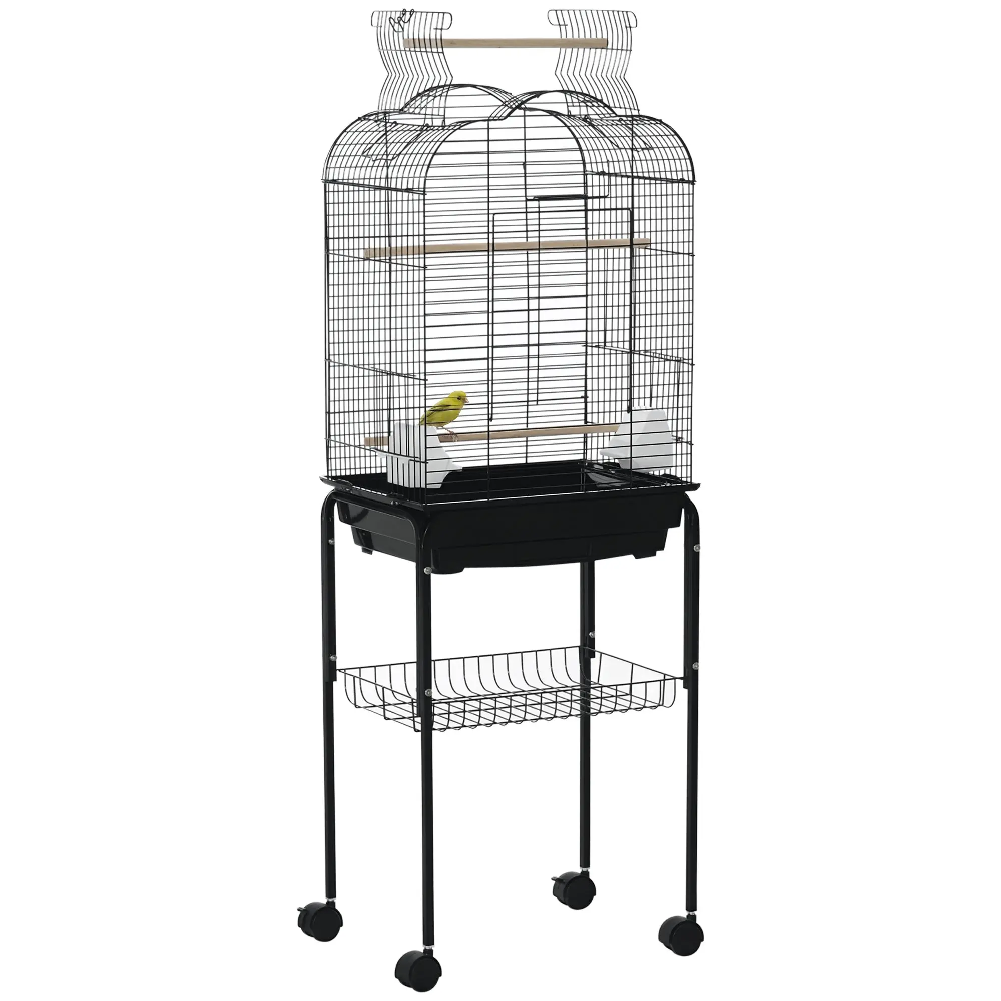 Bird Cage with Stand Canary Bird Cage with 4 Wheels Openable Roof 2 Feeders 3 Perches Removable Tray and Bottom Shelf 46x36x130 cm Black