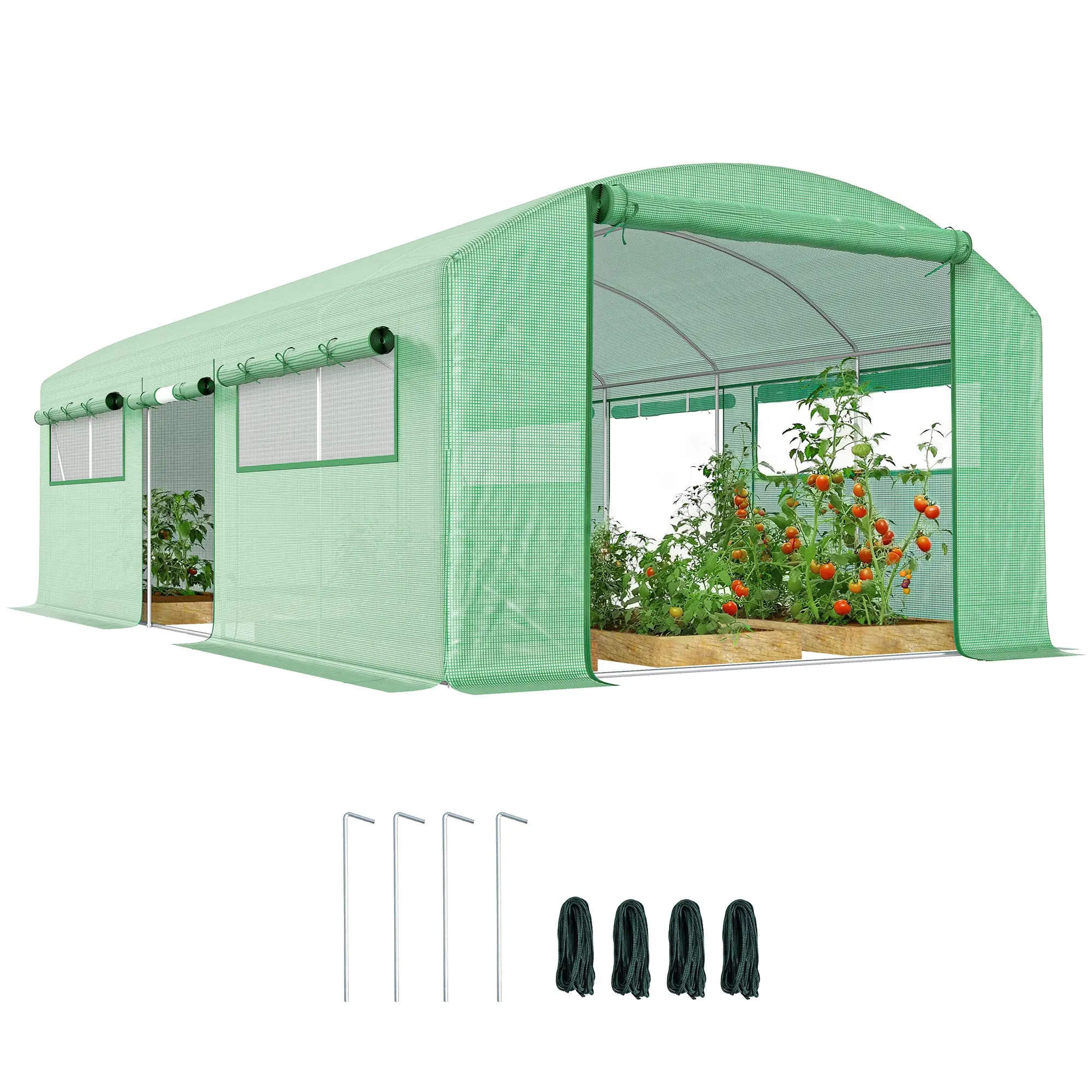 6 x 3 x 2 m Outdoor Tunnel Greenhouse — 3 Roll-Up Doors, Mesh Windows, 140 g/m² UV-Resistant PE Cover, Galvanized Steel Frame (Green)