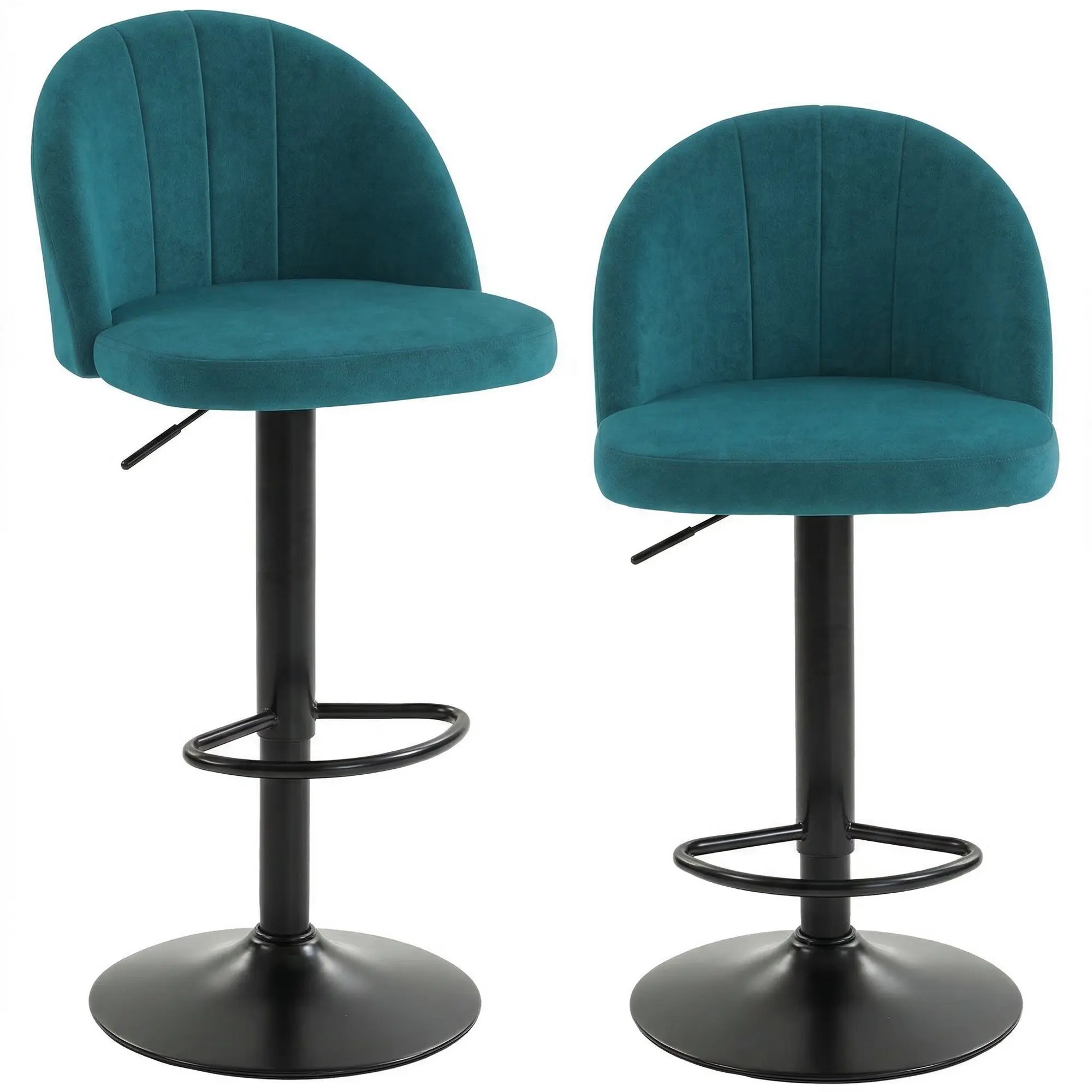 Set of 2 Velvet Bar Stools – Adjustable Height, 360° Swivel, Footrest, Carbon Steel Base, Blue