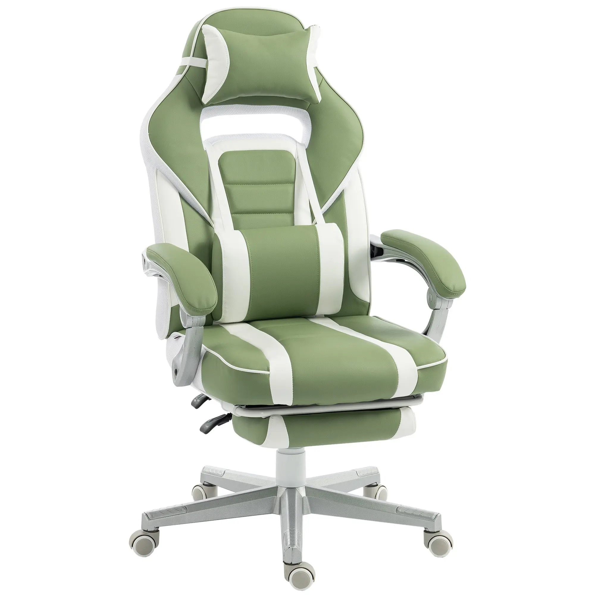Gaming Chair, Reclining Gamer Chair, Adjustable Height, Retractable Footrest, Lumbar Support & Removable Head Pillow, for Office/Studio, Green