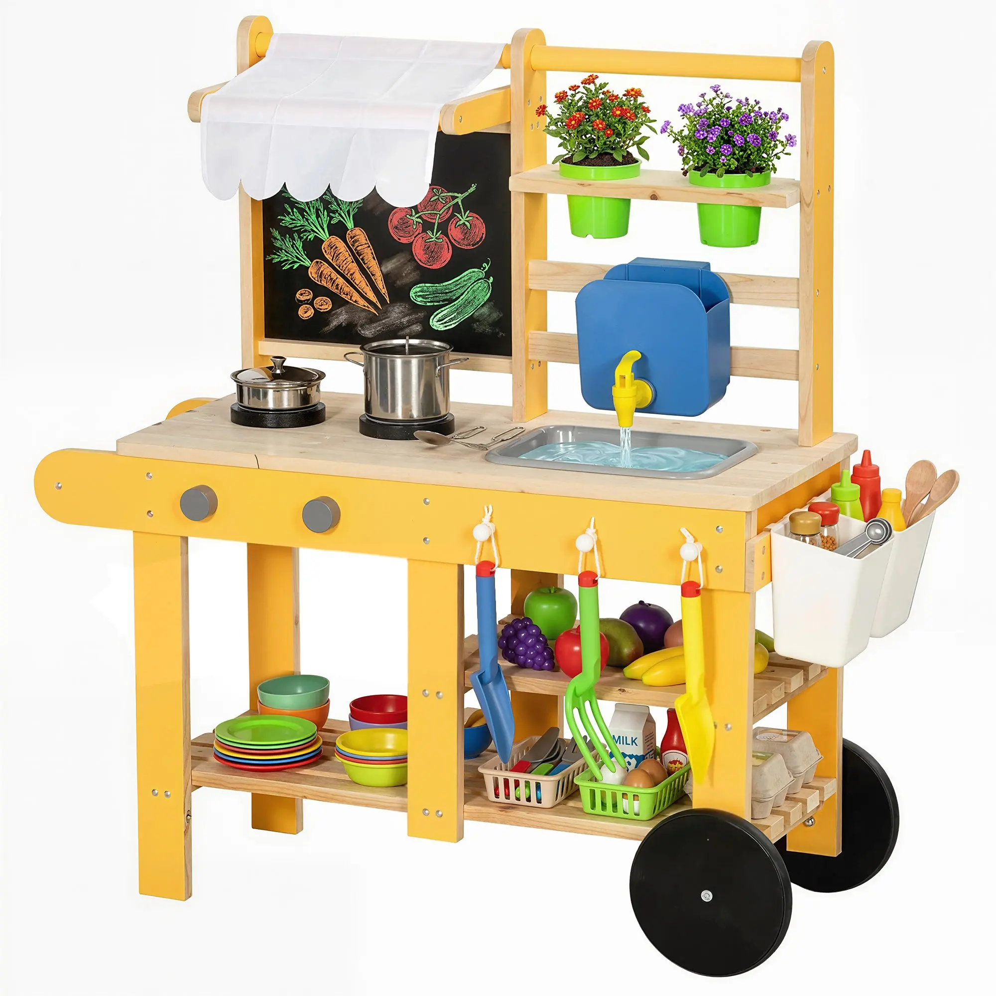 Outdoor Wooden Play Kitchen on Wheels with Real Water Sink, Stovetops, Shelves, Pots, Chalkboard & 15 Accessories — 33.1 x 13.5 x 35.4 in, Yellow