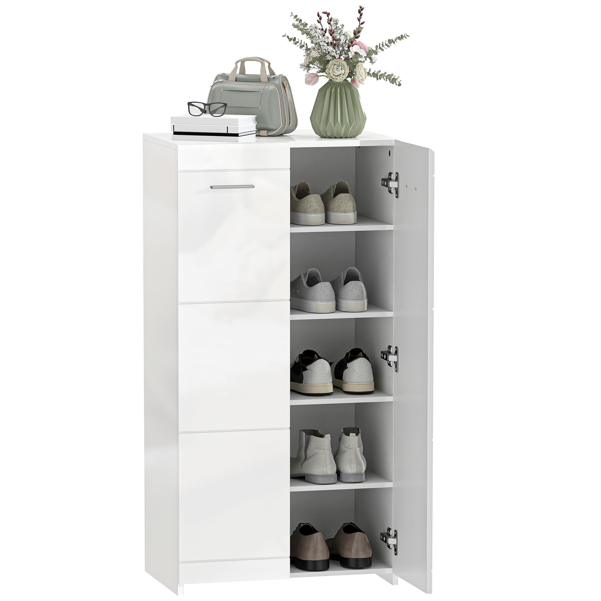 HOMCOM Schuhschrank, 2-türig, 5 Ablagen, verstellbare Einlegeböden, fasst 10 Paar, Hochglanzweiß, 55 x 36 x 108 cm
