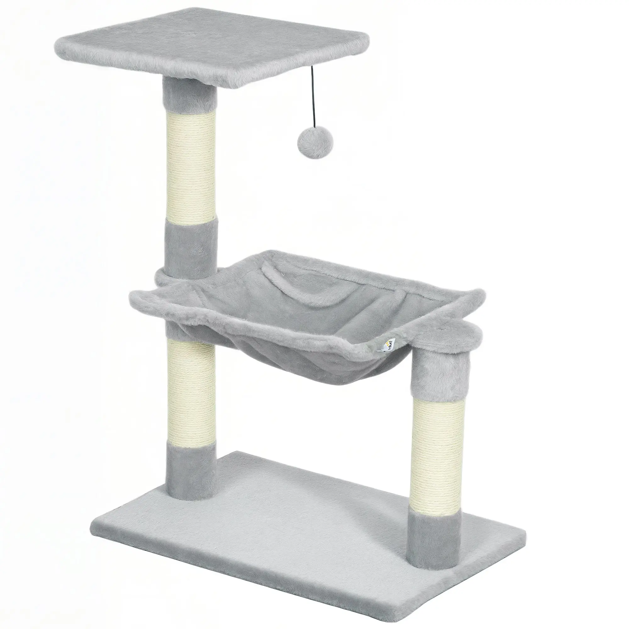 Cat Tree with 3 Scratching Posts Sisal Natural Platform Hammock and Hanging Ball Toy dimensions 19.7L x 10.2W x 27.6H inches short plush light grey