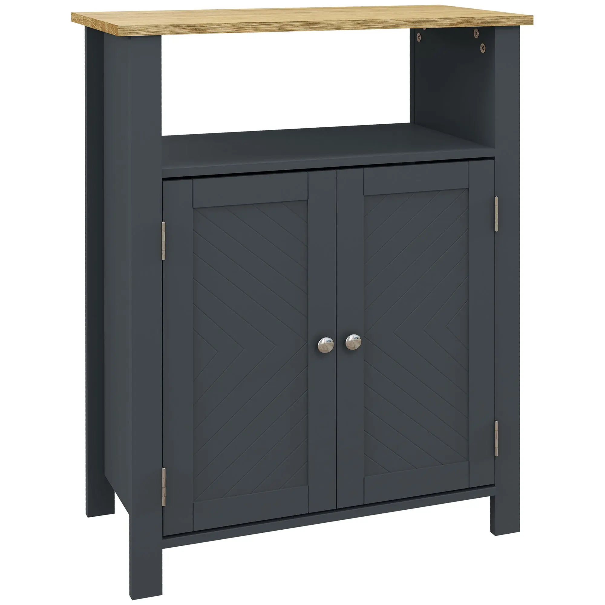 Bathroom Cabinet with 3 Shelves in MDF and Particleboard with Adjustable Interior Shelf and 2 Raised Doors, 60x30x80.5 cm, Gray and Wood Color