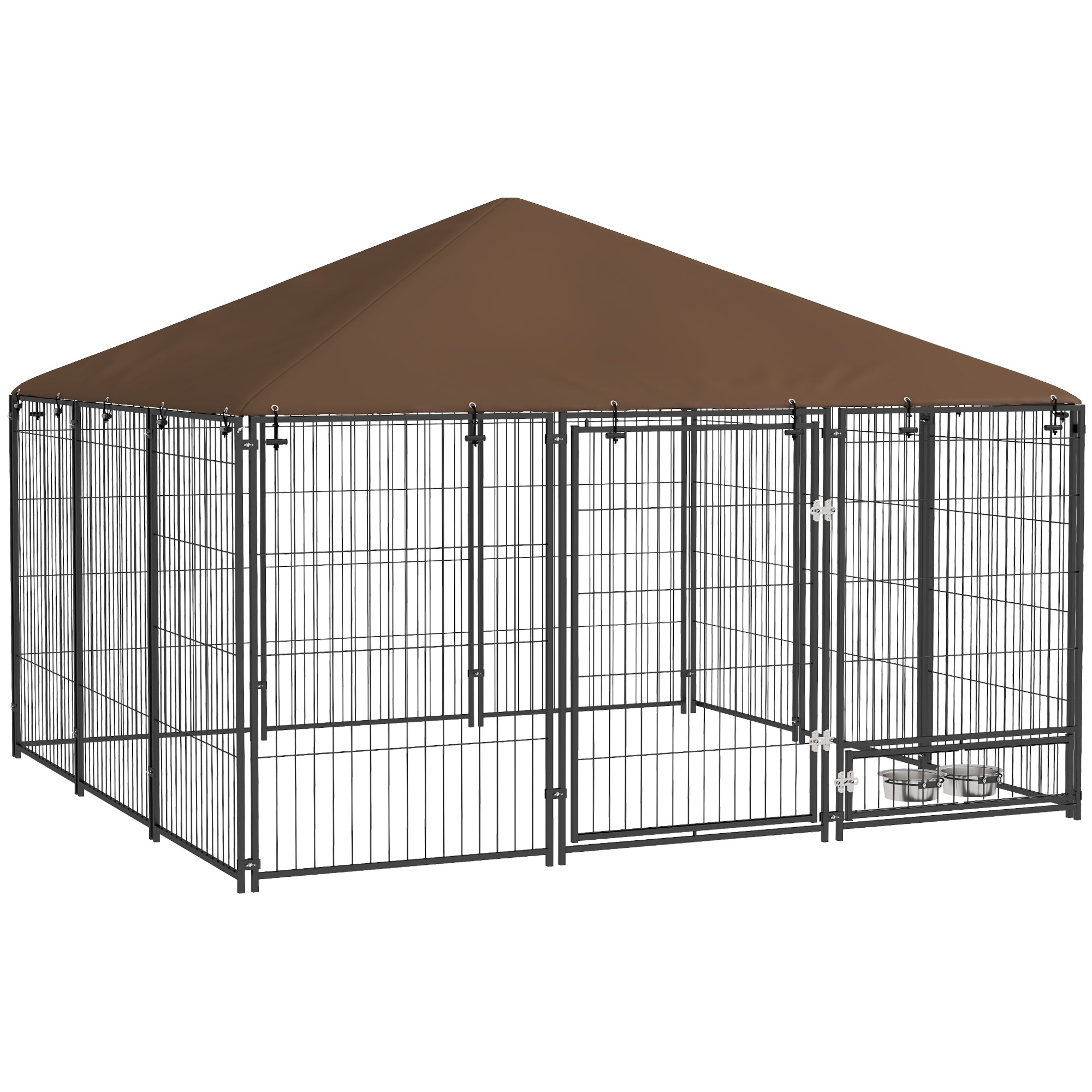PawHut Hundespielplatz mit Dach – Outdoor Metalltierschutz mit drehbarem Futterspender und 2 Schüsseln für Terrasse Garten 211x211x151 cm Schwarz