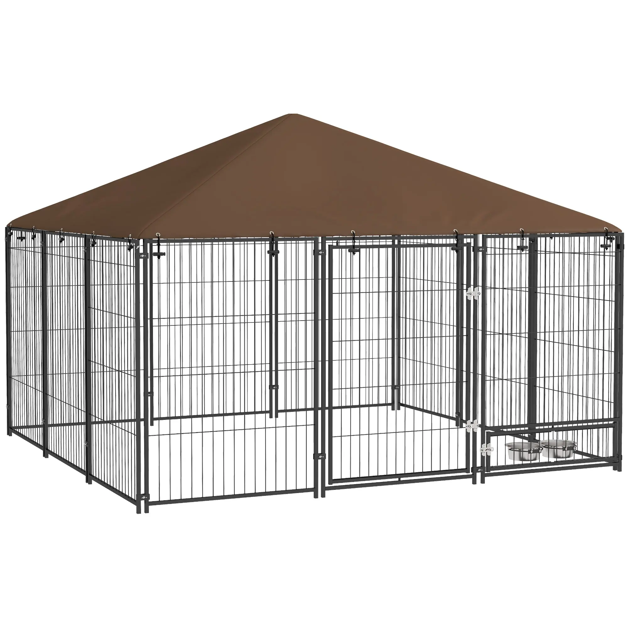 Dog Playpen with Canopy Outdoor Metal Pet Enclosure with Rotating Feeder 2 Bowls for Patio Garden Terrace 211x211x151 cm Black