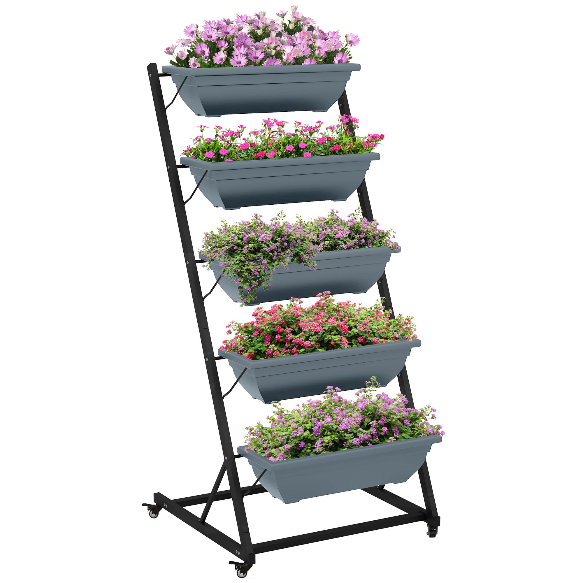 Plant Stand, Flower Stand with 5 Tiers, Plant Rack with Wheels, Flower Shelf with Holes Plant Stand for Garden, Steel, Gray, 65 x 67 x 145 cm