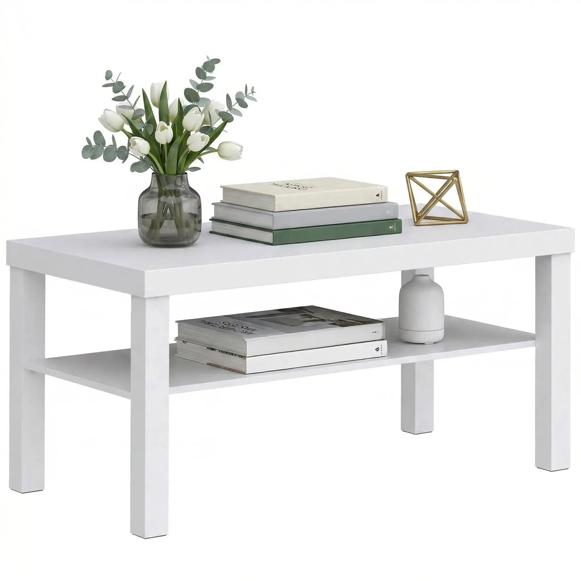 2-Tier Rectangular Coffee Table with Storage Shelf, Modern White Accent Table for Living Room, Bedroom & Office — 90 x 45 x 44.5 cm (35.4 x 17.7 x 17.5 in)